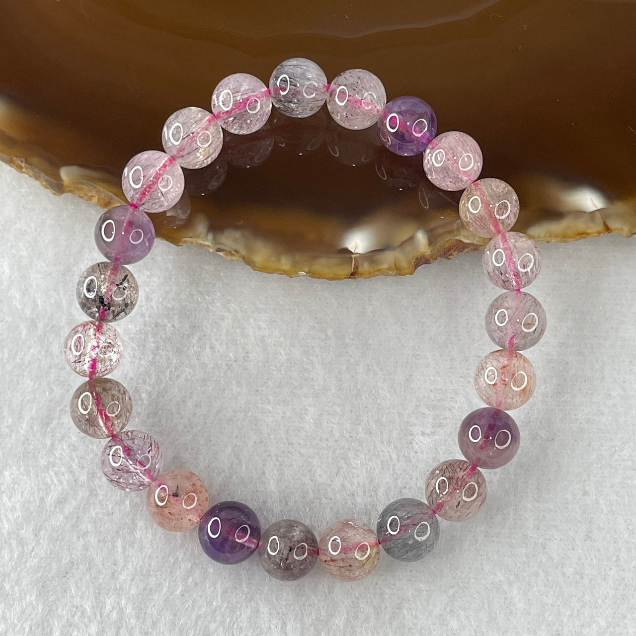 Certified Above-Average Grade Natural Super 7 Crystal Beads Bracelet | High-Fluidity Crystalline Strand | Authentic Sacred Seven Multi-Mineral Inclusions Quartz Spiritual Catalyst & Auric Shield Bracelet (17.76g | 15.5cm Length | 8.4mm | 23 Beads)