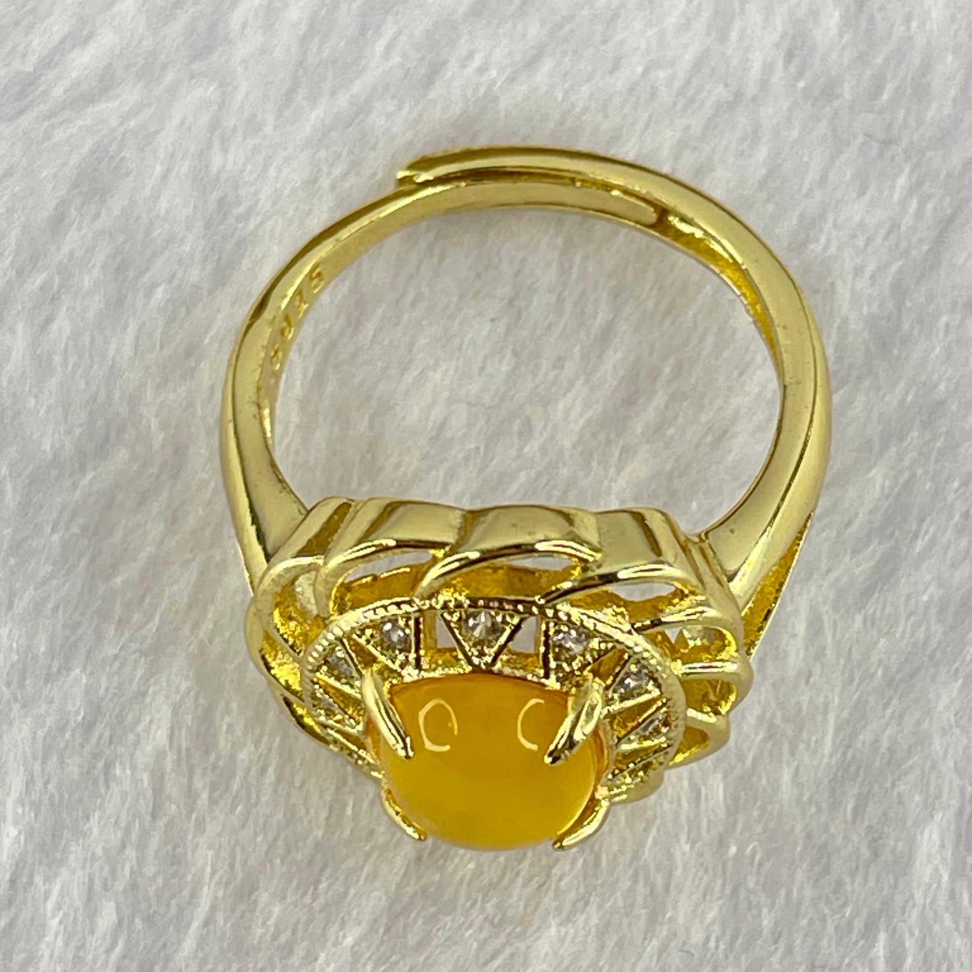 Natural Golden Yellow Butterscotch Amber With Crystals in S925 Sliver Gold Color Ring (Adjustable Size) 3.63g 8.7 by 7.4 by 4.0mm - Huangs Jadeite and Jewelry Pte Ltd