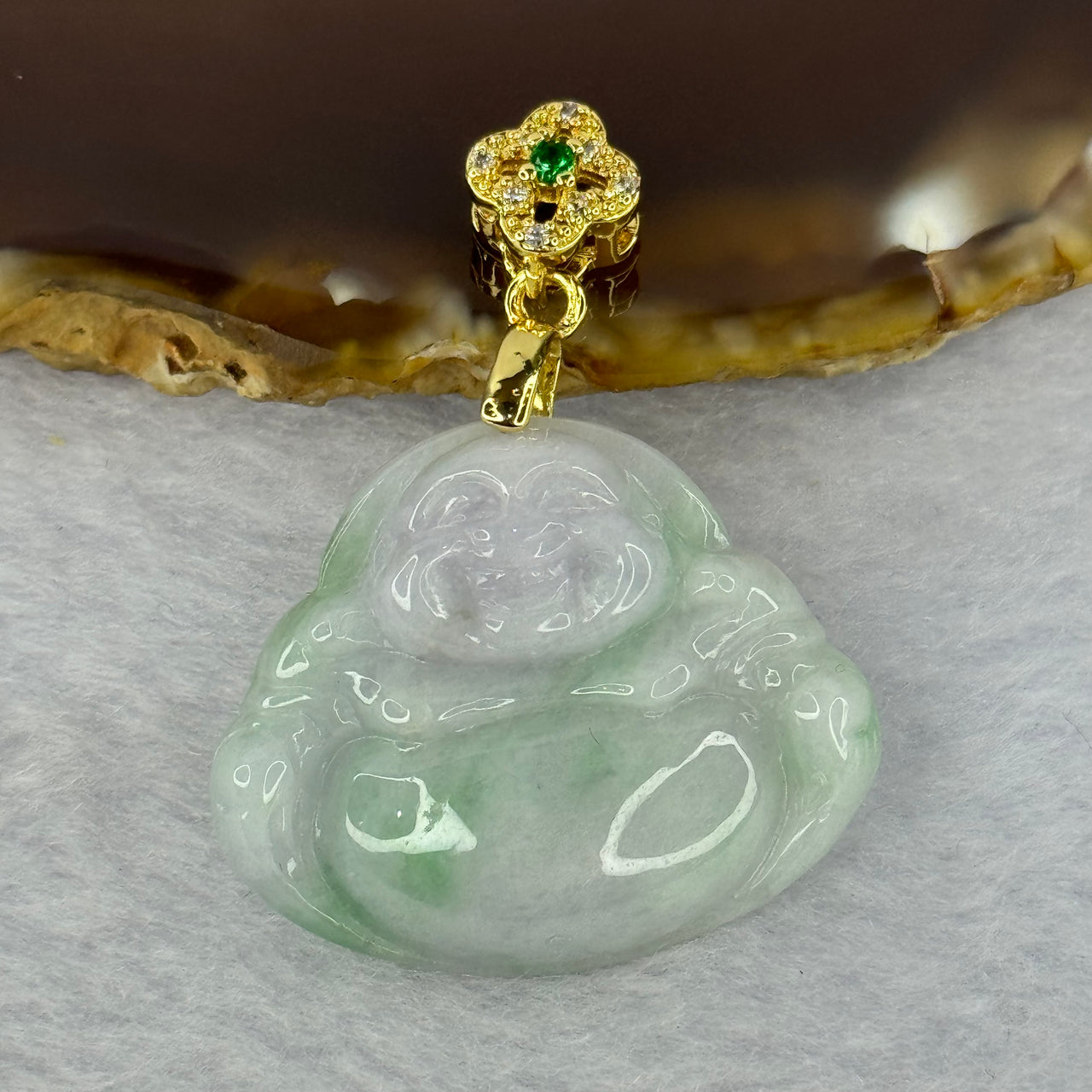 Type A Lavender and Green Jadeite Milo Buddha in S925 Sliver Gold Color Necklace 9.42g 24.6 by 29.6 by 6.3mm (Free Necklace) - Huangs Jadeite and Jewelry Pte Ltd