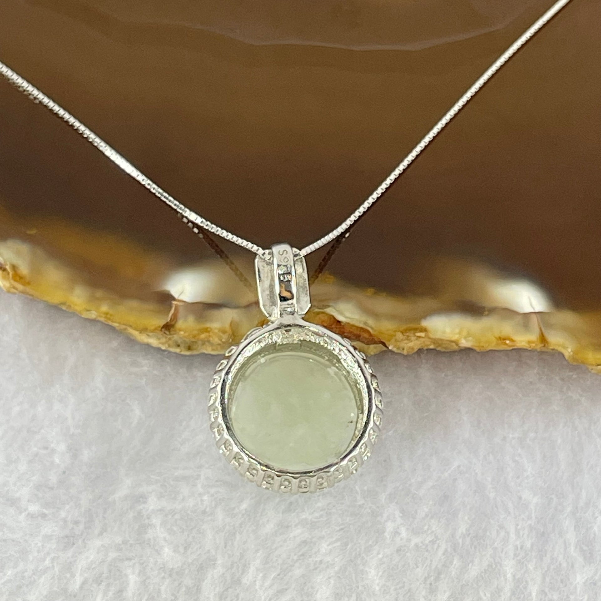 Type A Faint Green Lavender Yellow Milo Buddha with Crystals in S925 Sliver Pendant and Necklace 5.52g 13.9 by 13.9 by  7.5mm - Huangs Jadeite and Jewelry Pte Ltd