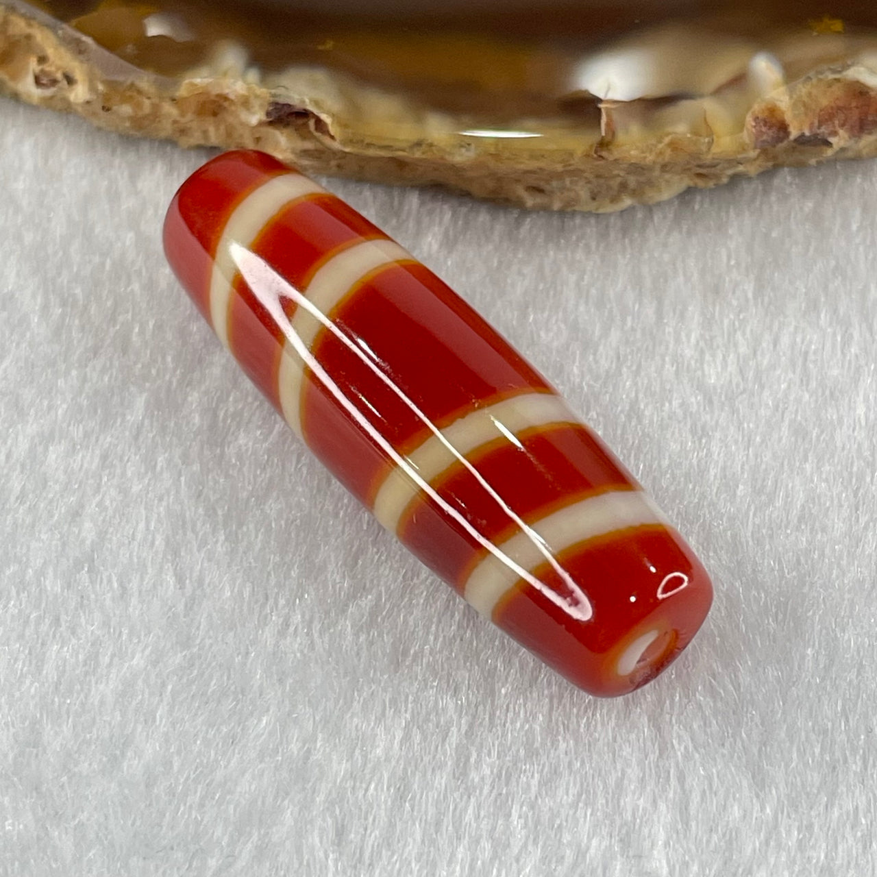 Natural Powerful Tibetan Old Oily Red White Agate 4 Lines Bead Heavenly Master (Tian Zhu) 8.89g 39.4 by 12.0mm - Huangs Jadeite and Jewelry Pte Ltd