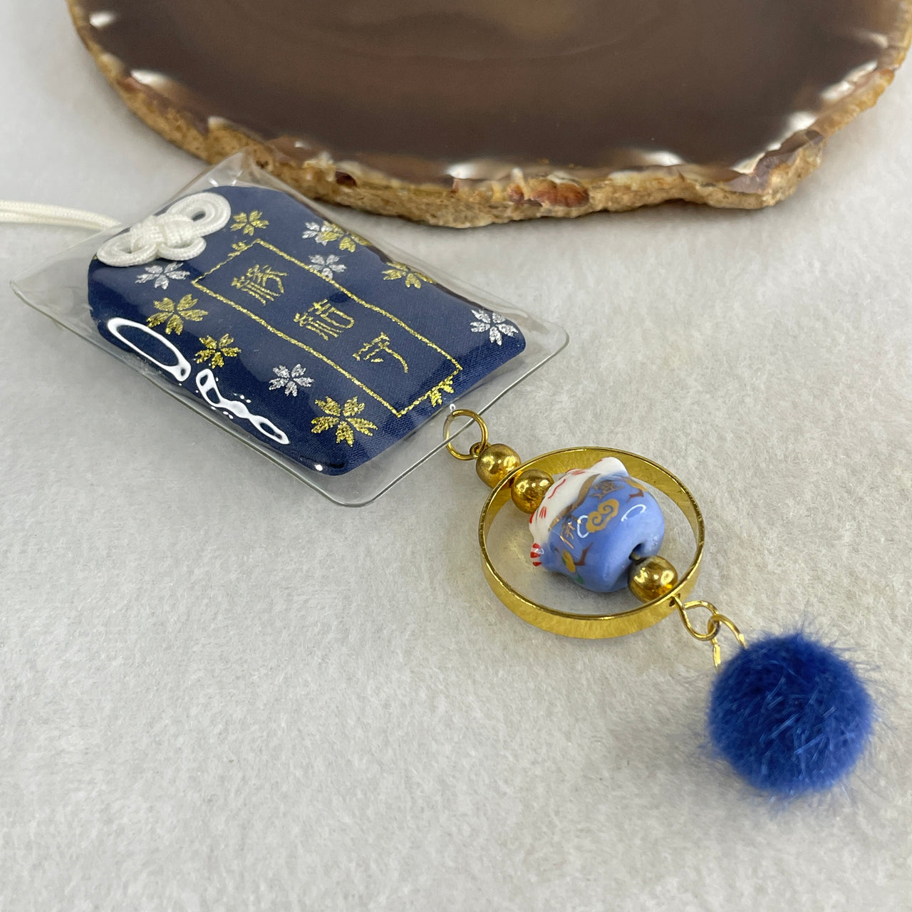 Porcelain Blue Fortune Cat Charm 13.62g 15.0 by 17.0 by 14.2mm - Huangs Jadeite and Jewelry Pte Ltd