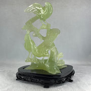 Natural Green Serpentine 3 Magpies Birds on Tree with Wooden Stand Display 807.0g 175.0 by 120.0 by 200.0mm - Huangs Jadeite and Jewelry Pte Ltd
