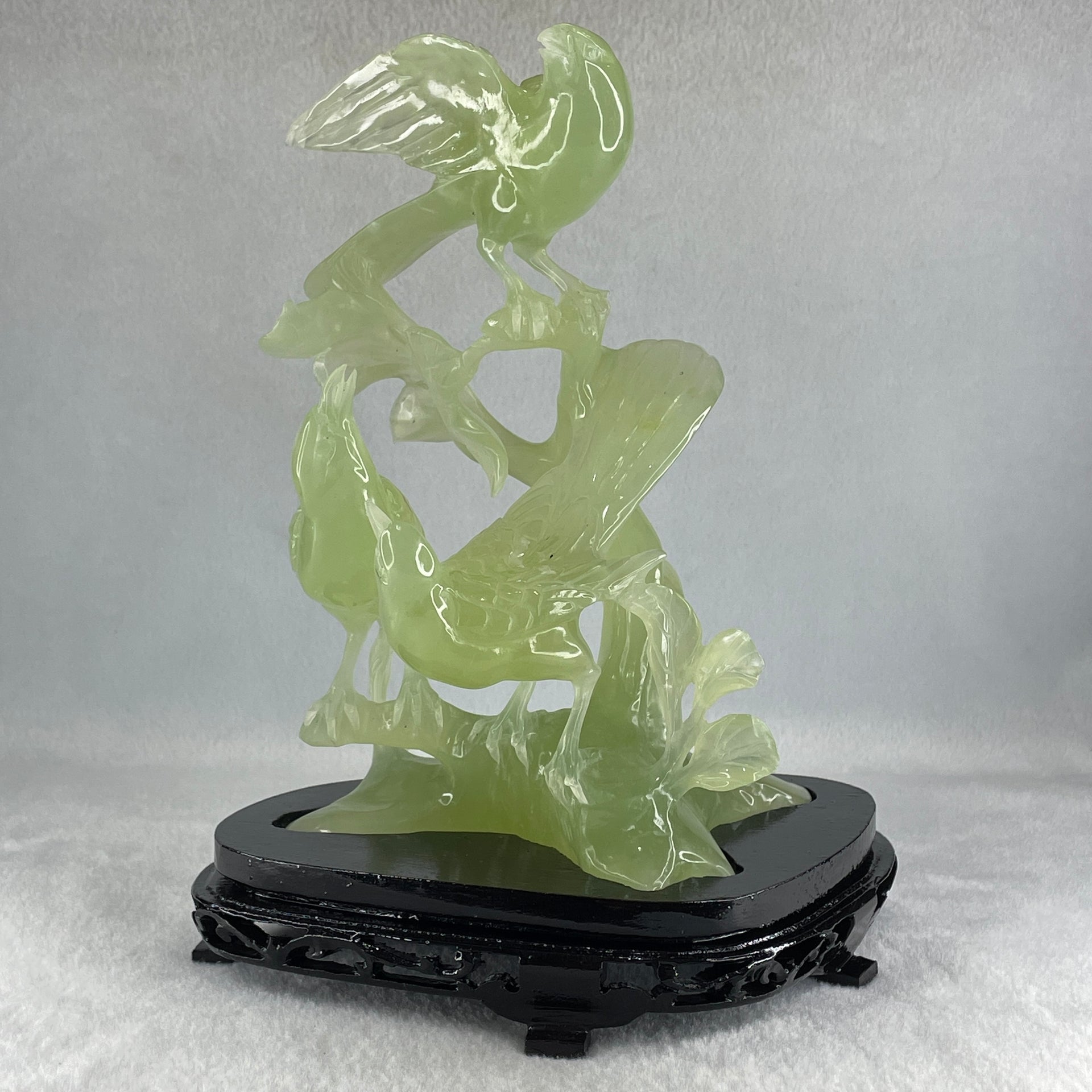 Natural Green Serpentine 3 Magpies Birds on Tree with Wooden Stand Display 807.0g 175.0 by 120.0 by 200.0mm - Huangs Jadeite and Jewelry Pte Ltd