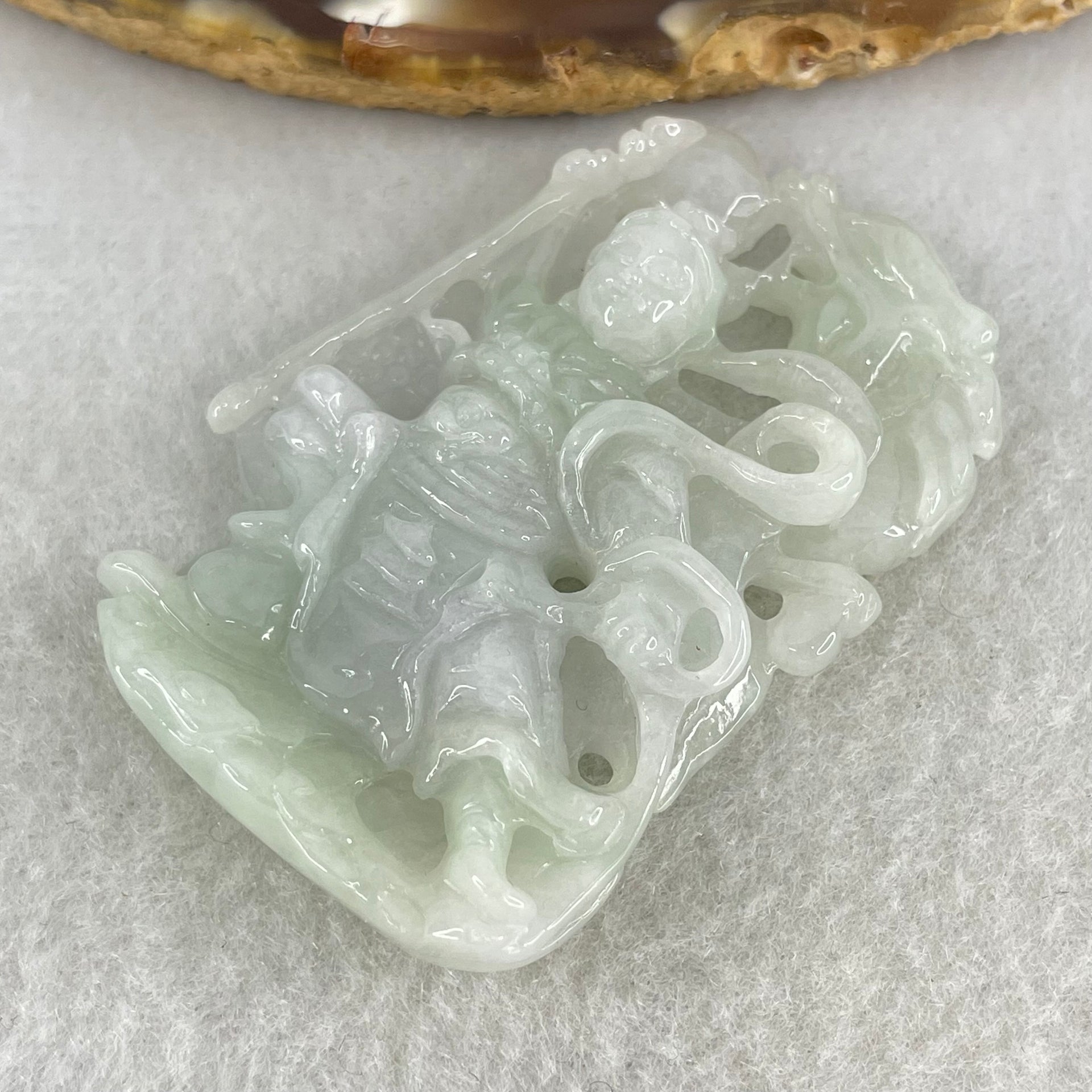 Type A Light Green with Lavender Jadeite Sun Wu Kong with Dragon Pendant 26.42g 52.8 by 36.3 by 36.2mm - Huangs Jadeite and Jewelry Pte Ltd