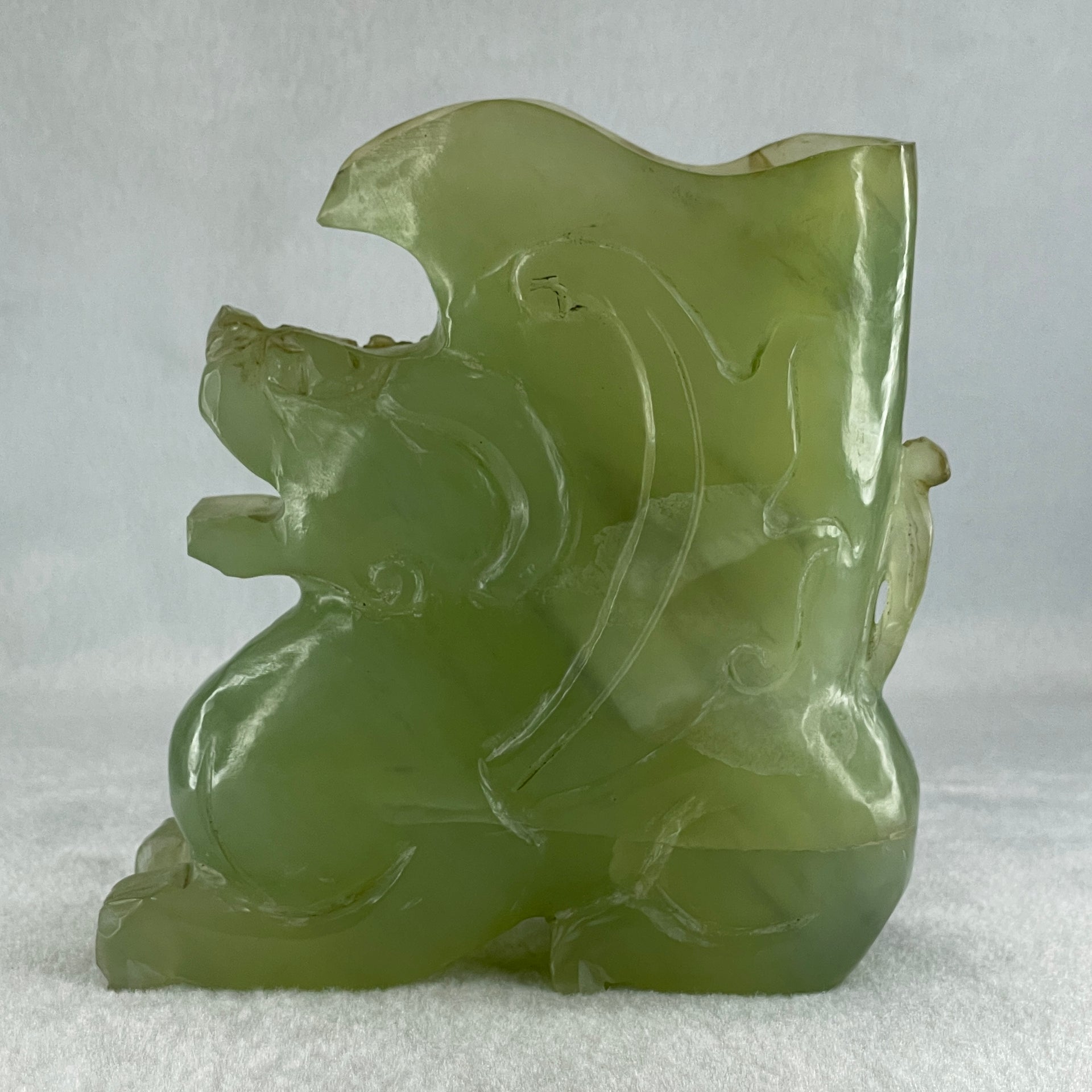 Natural Green Serpentine Pixiu Vase Display 989.6g 130.0 by 48.0 by 135.0mm - Huangs Jadeite and Jewelry Pte Ltd