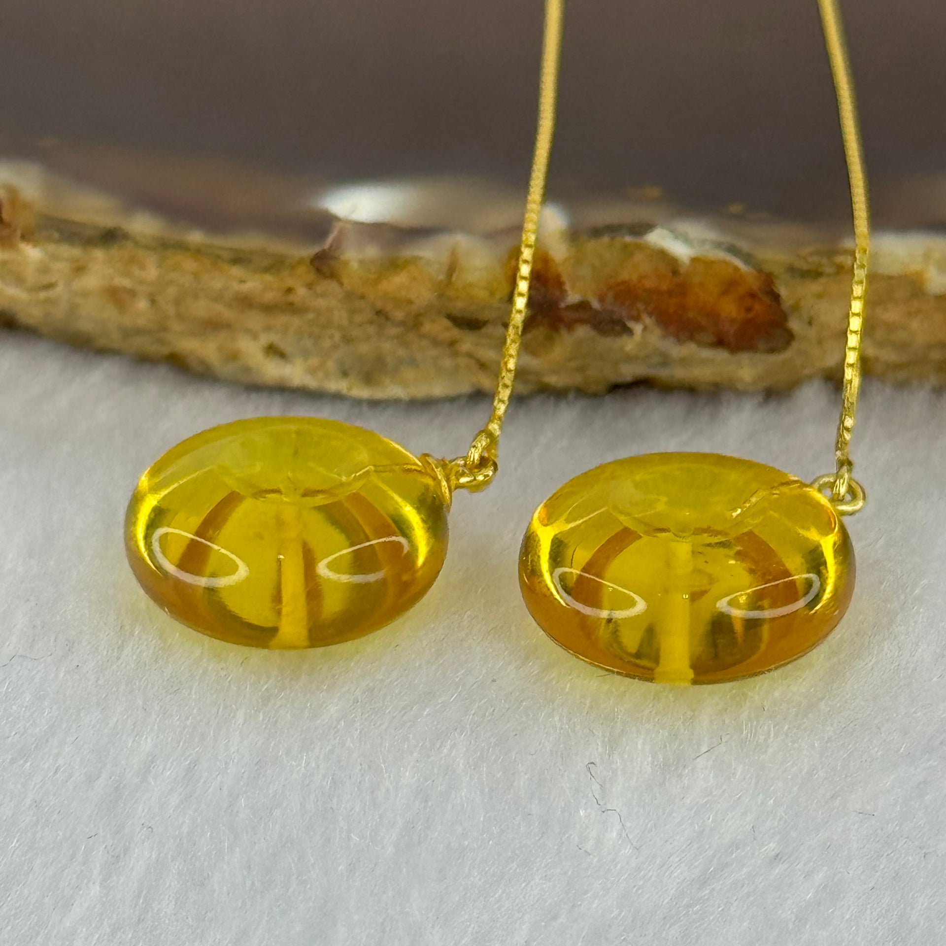 Natural Golden Yellow Amber Ping An Kou Donut Silver in Gold Color Earrings 2.36g 15.0 by 6.7mm - Huangs Jadeite and Jewelry Pte Ltd