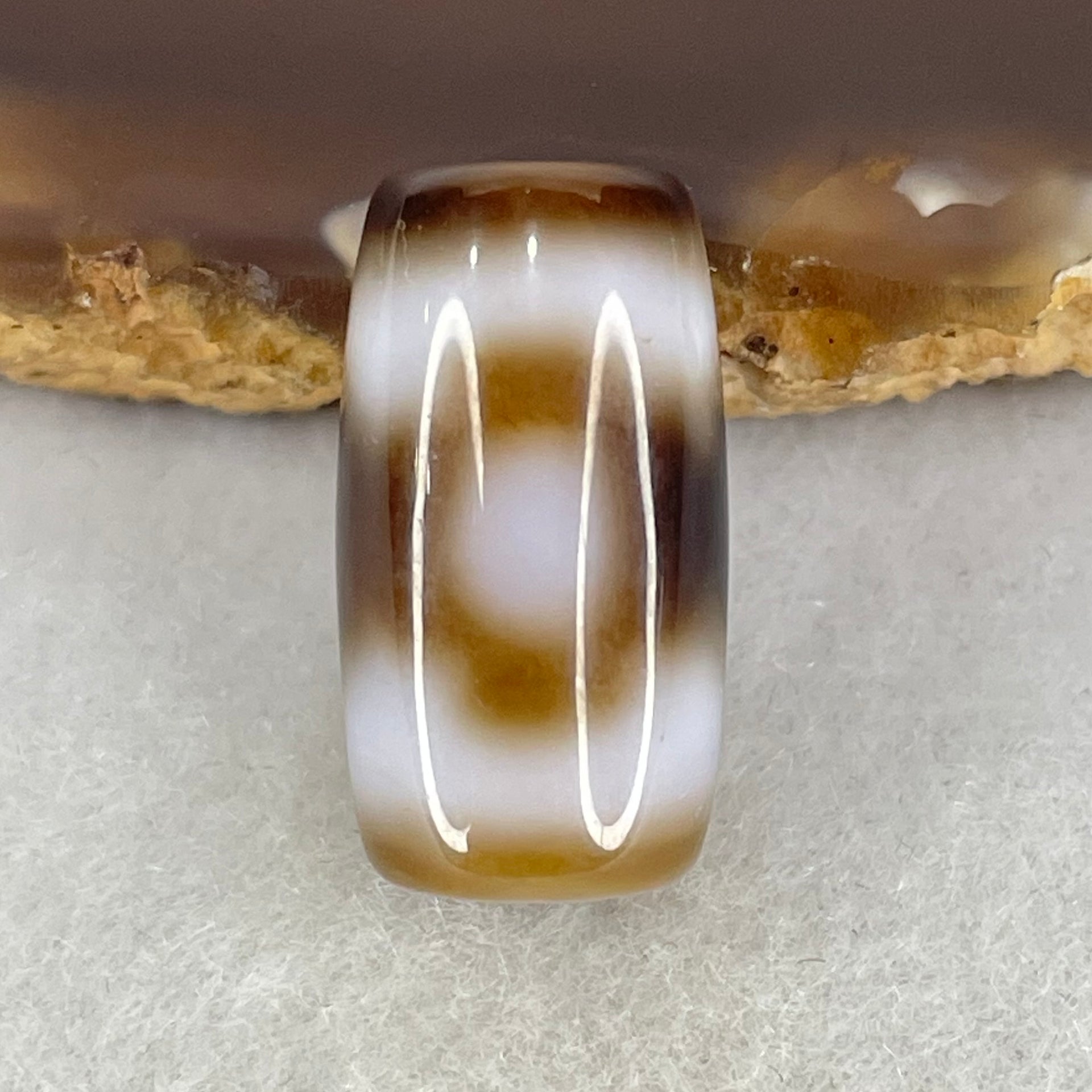 Natural Powerful Tibetan Old Oily Dark Brown With White Agate 3 Eyes Dzi Bead Heavenly Master (Tian Zhu) 三眼天诛 3.95g 19.6 by 10.8mm - Huangs Jadeite and Jewelry Pte Ltd