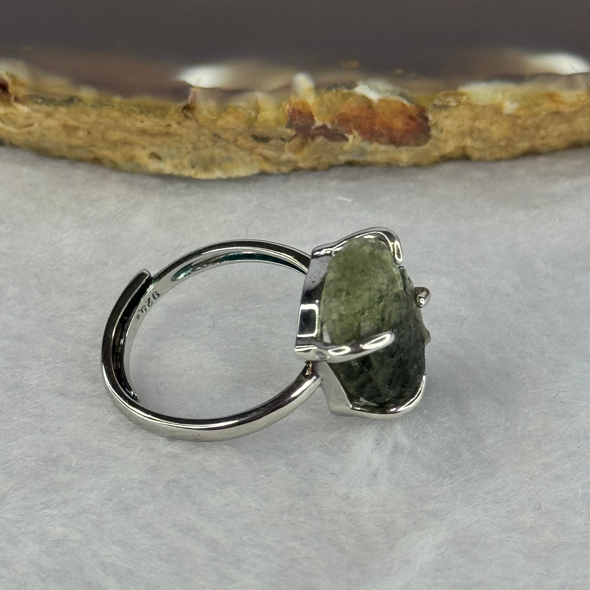Natural Czech Republic Moldavite Meteorite Crystal in S925 Sliver Ring (Adjustable Size) 天然捷克陨石925银戒指 3.81g 18.3 by 12.9 by 4.5mm - Huangs Jadeite and Jewelry Pte Ltd
