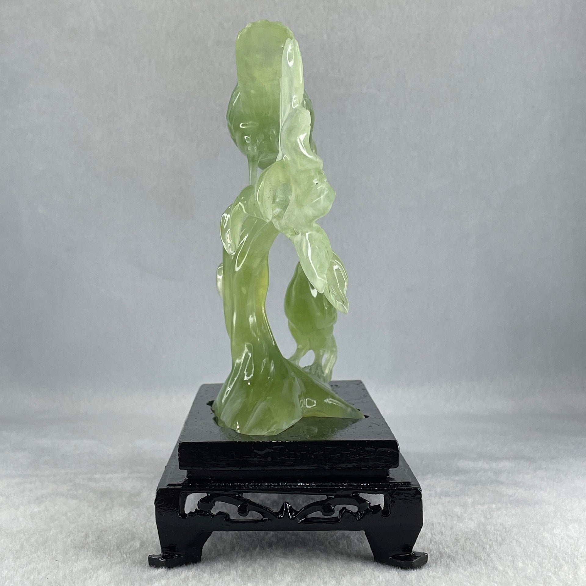 Natural Green Serpentine Double Birds on Tree with Wooden Stand Display 322.6g 74.0 by 155.0 by 75.8mm - Huangs Jadeite and Jewelry Pte Ltd