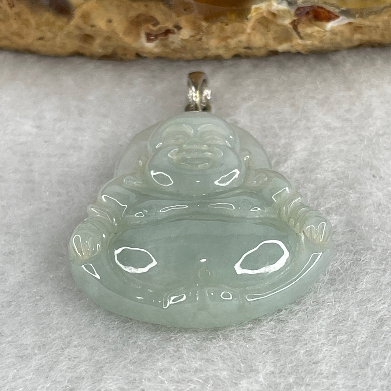 Natural Type A Blue Jadeite Milo Laughing Buddha with 18K White Gold Clasp Pendant 9.20g 28.1 by 25.4 by 7.7mm
