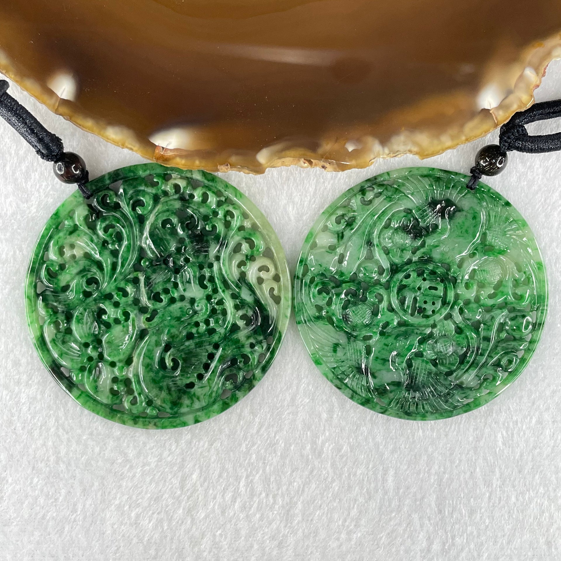 Grandmaster Type A Old Mine Green Piao Hua Jadeite Dragon 15.44g 51.9 by 3.0mm Twin Phoenix 15.25g 49.5 by 2.7mm Pendant Pair 花开富贵 - Huangs Jadeite and Jewelry Pte Ltd
