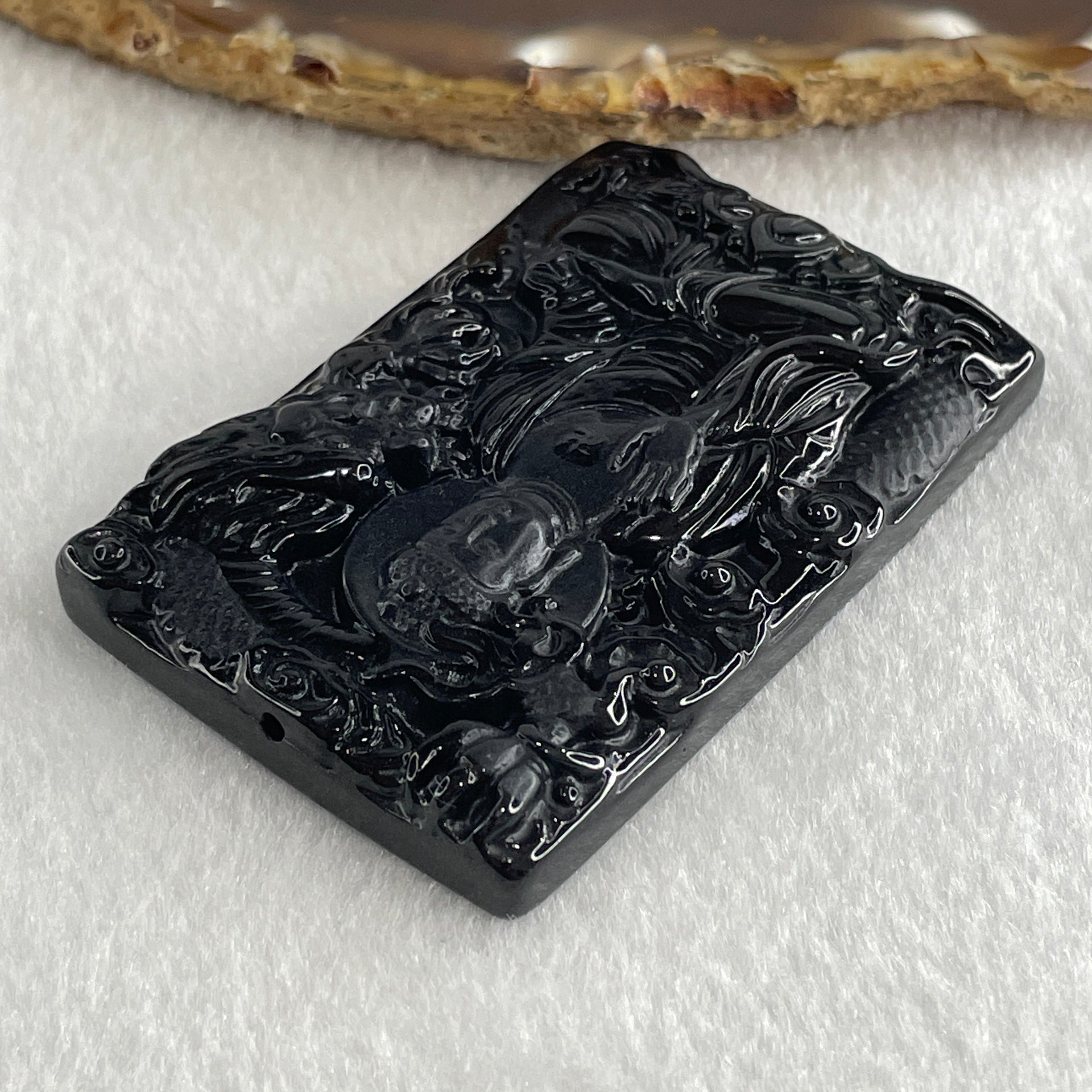Type A Opaque to Partial Translucent Black Omphacite Jadeite Amitabha Buddha with Dragon Pendant Dog and Boar Pig Zodiac Guardian 37.44g 62.5 by 41.7 by 9.7mm - Huangs Jadeite and Jewelry Pte Ltd