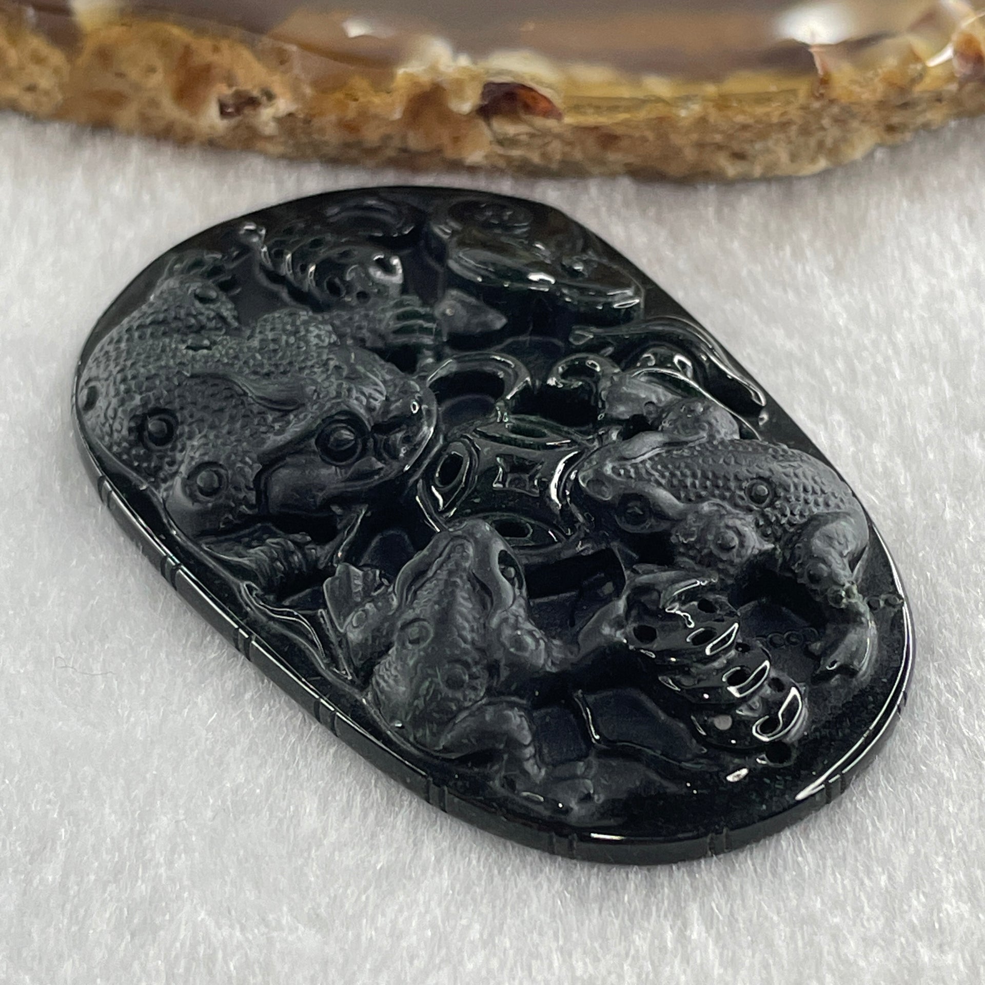 Type A Opaque to Partial Translucent Black Omphacite Jadeite Triple 3 Legged Toad Chan Chu with Coins and Ruyi Pendant 19.22g 53.0 by 34.7 by 7.6mm - Huangs Jadeite and Jewelry Pte Ltd