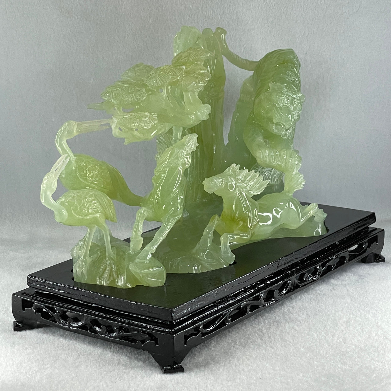 Natural Jelly Green Serpentine Tiger with Double Horse and Twin Flamingo on Shan Shui with Wooden Stand Display 2,362.7g 295.0 by 148.0 by 206.0mm