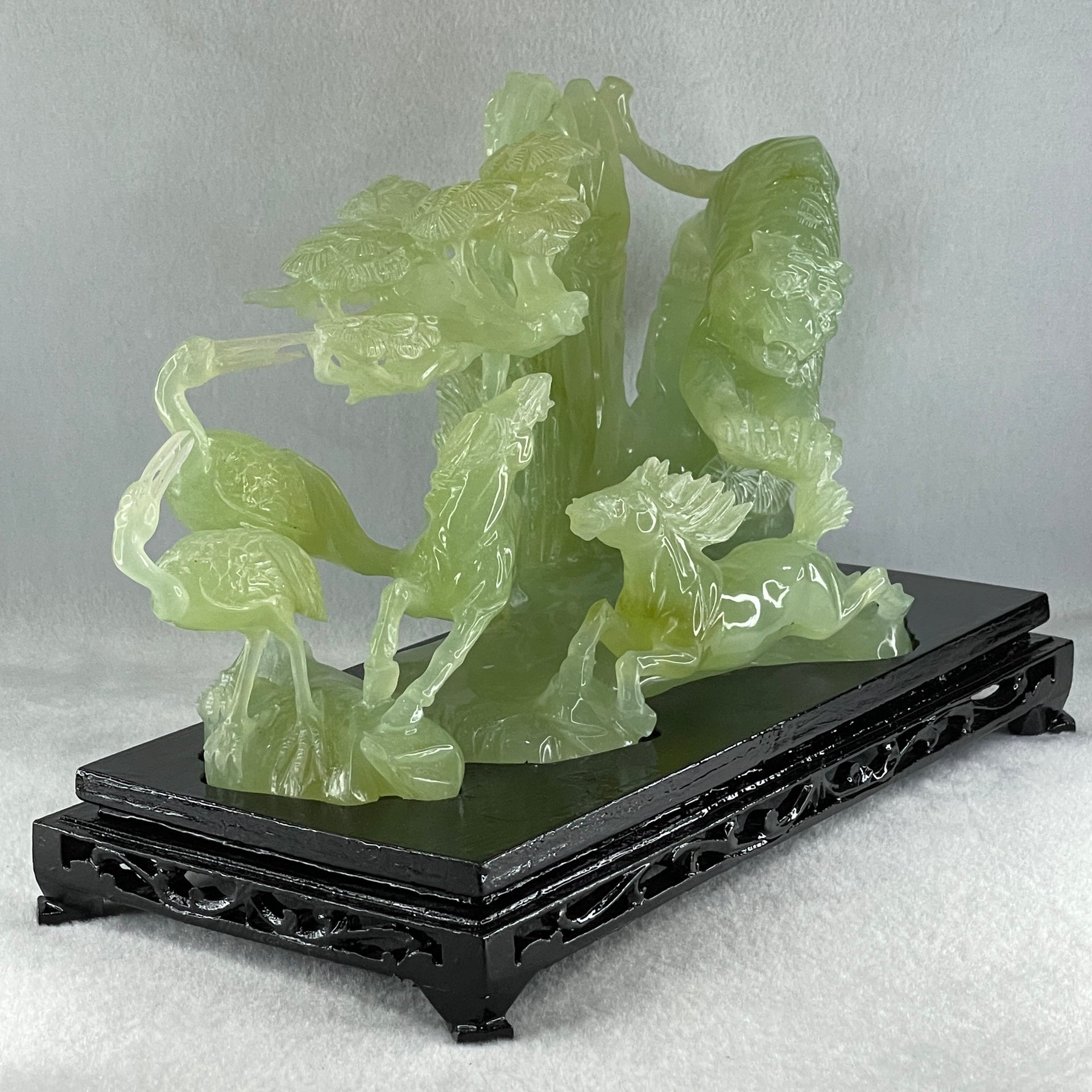 Natural Jelly Green Serpentine Tiger with Double Horse and Twin Flamingo on Shan Shui with Wooden Stand Display 2,362.7g 295.0 by 148.0 by 206.0mm - Huangs Jadeite and Jewelry Pte Ltd
