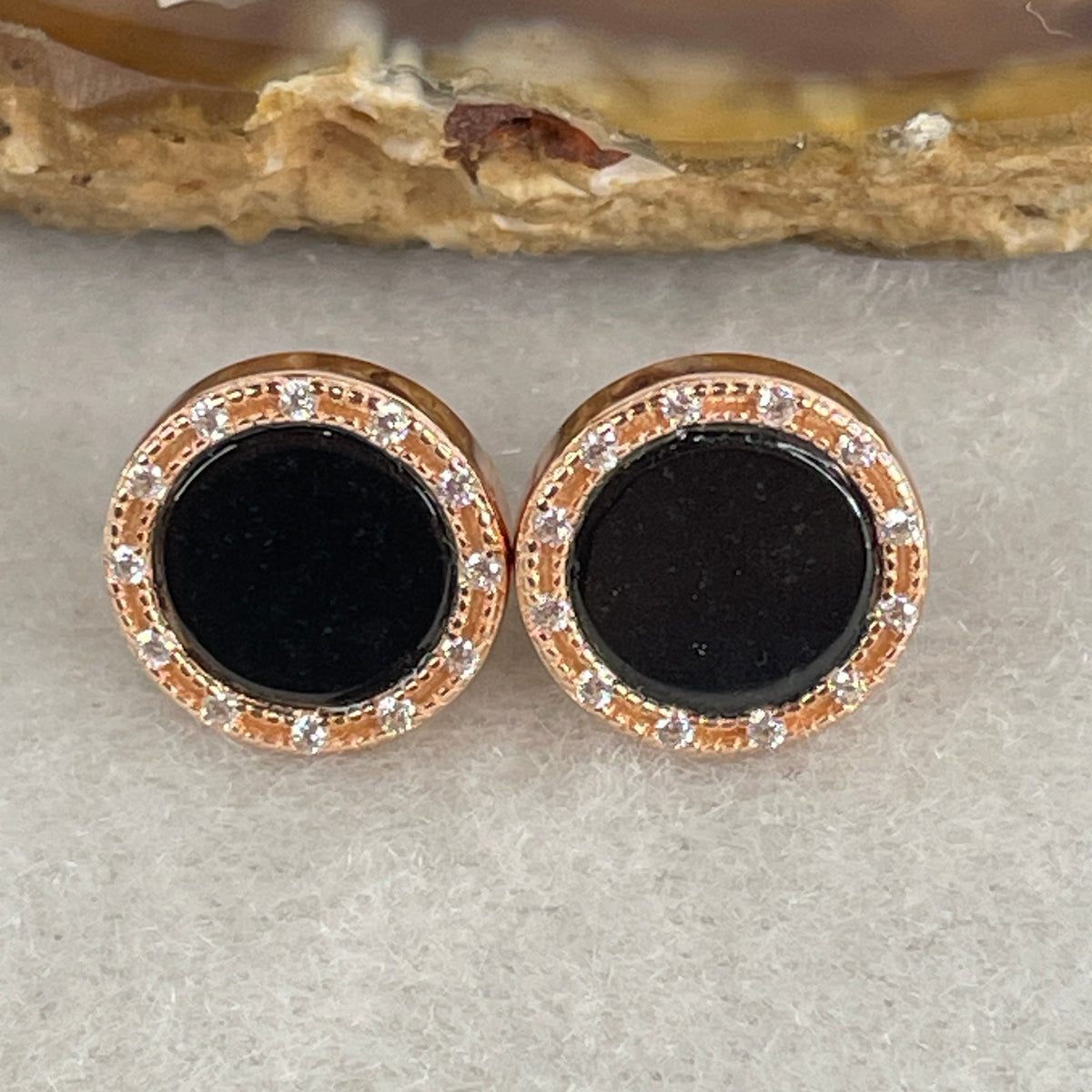 Certified Type A Black Omphacite Jadeite Round Earrings in S925 Gold Silver | (1.76g Total Weight | 8.0x1.5mm | S925 Silver Gold Color | Synergy, Negative Energy Shield, Wealth Retention & Regal Protection)