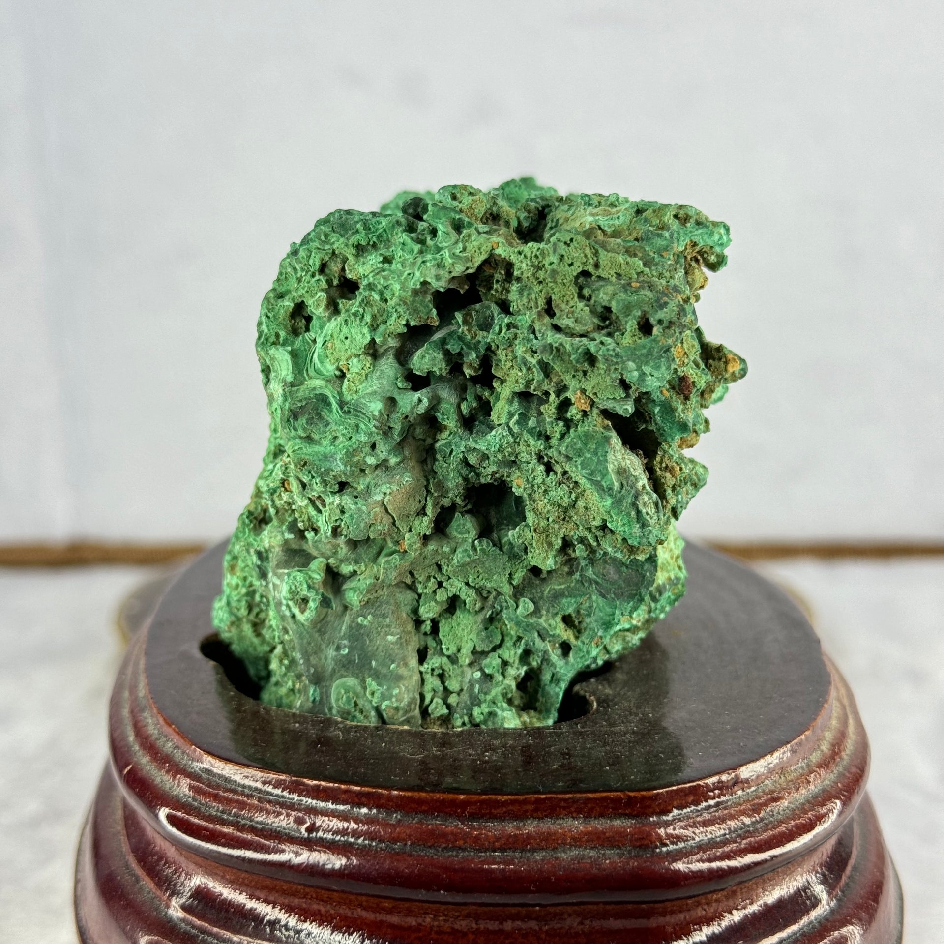 Natural Malachite Raw Stone Specimen Display in Wooden Stand 1,045.7g 160.0 by 114.1 by 12.0mm - Huangs Jadeite and Jewelry Pte Ltd