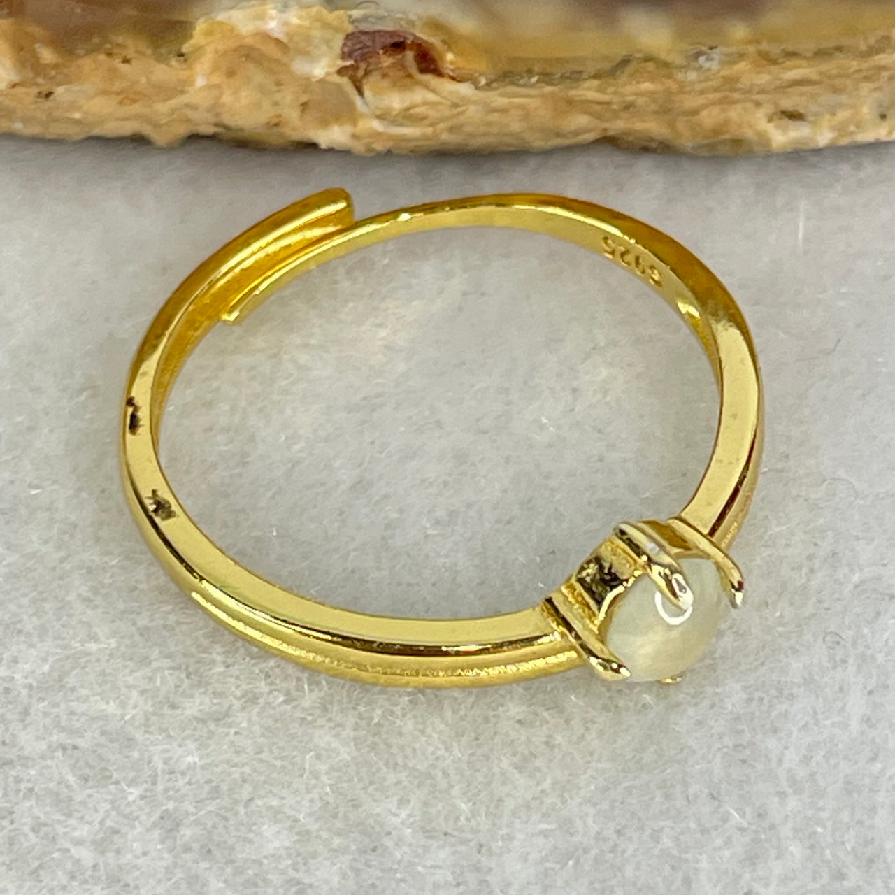 Type A Icy Green  Cabochon Jadeite in S925 Sliver Gold Color Ring (Adjustable Size) 1.21g 4.6 by 2.0mm - Huangs Jadeite and Jewelry Pte Ltd