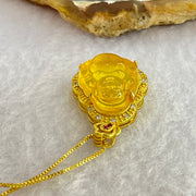 Natural Yellow Amber Milo Buddha Pendent in Gold Color Silver Necklace 4.44g 15.7 by 14.3 by 5.0mm - Huangs Jadeite and Jewelry Pte Ltd