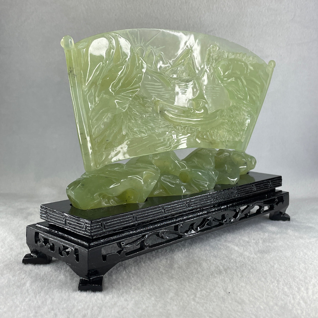 Natural Icy Light Green Serpentine Shan Shui with Gui ren Benefactor on Boat with Twin Birds with Wooden Stand Display 695.1g 242.0 by 164.0 by 83.0mm - Huangs Jadeite and Jewelry Pte Ltd