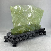 Natural Icy Light Green Serpentine Shan Shui with Gui ren Benefactor on Boat with Twin Birds with Wooden Stand Display 695.1g 242.0 by 164.0 by 83.0mm - Huangs Jadeite and Jewelry Pte Ltd