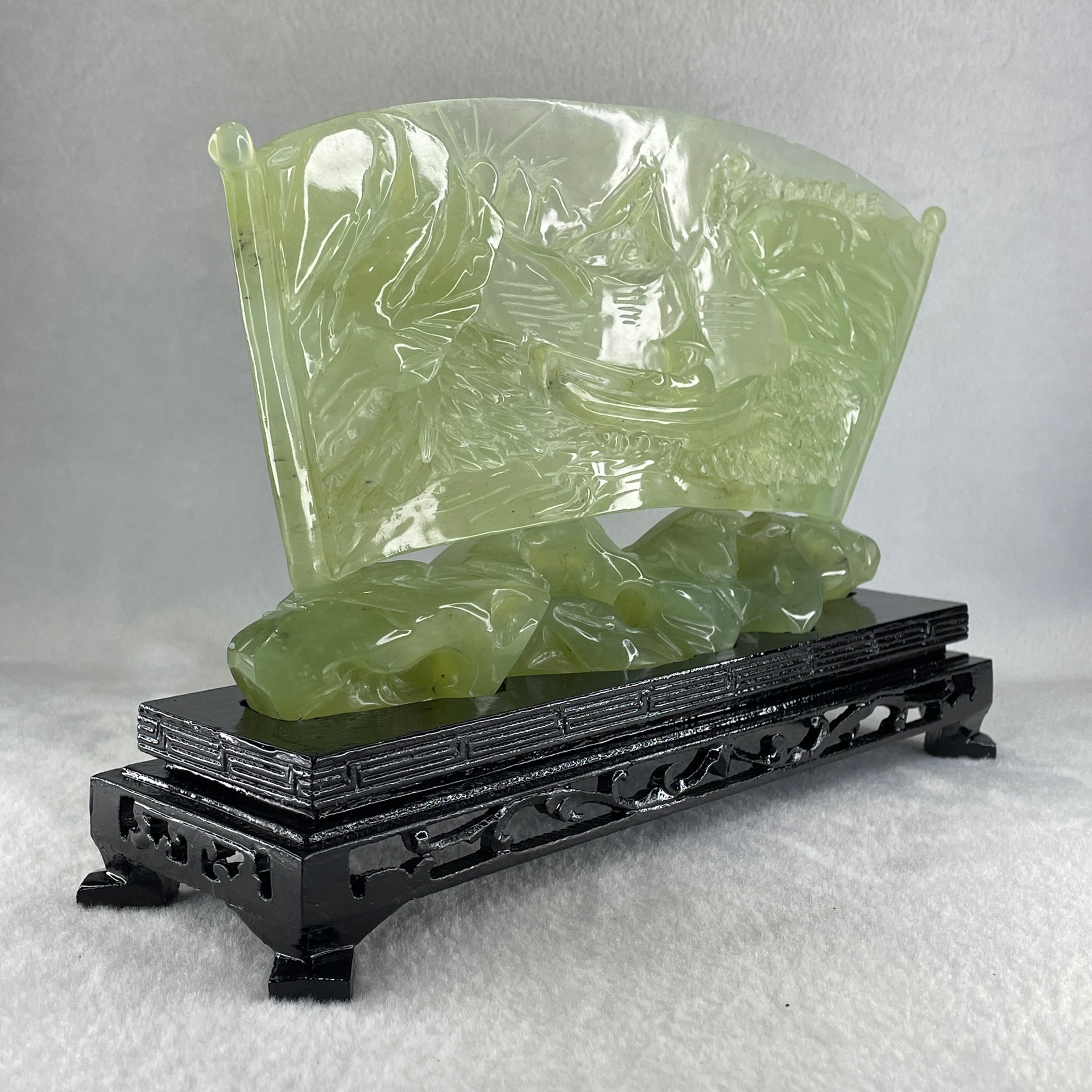 Natural Icy Light Green Serpentine Shan Shui with Gui ren Benefactor on Boat with Twin Birds with Wooden Stand Display 695.1g 242.0 by 164.0 by 83.0mm - Huangs Jadeite and Jewelry Pte Ltd