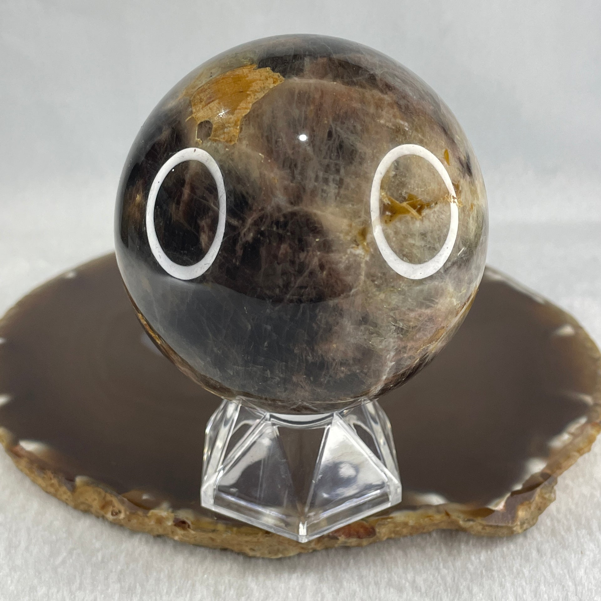 Natural Black Moonstone Ball with Clear Acrylic Display 443.95g 69.0 by 90.0mm - Huangs Jadeite and Jewelry Pte Ltd