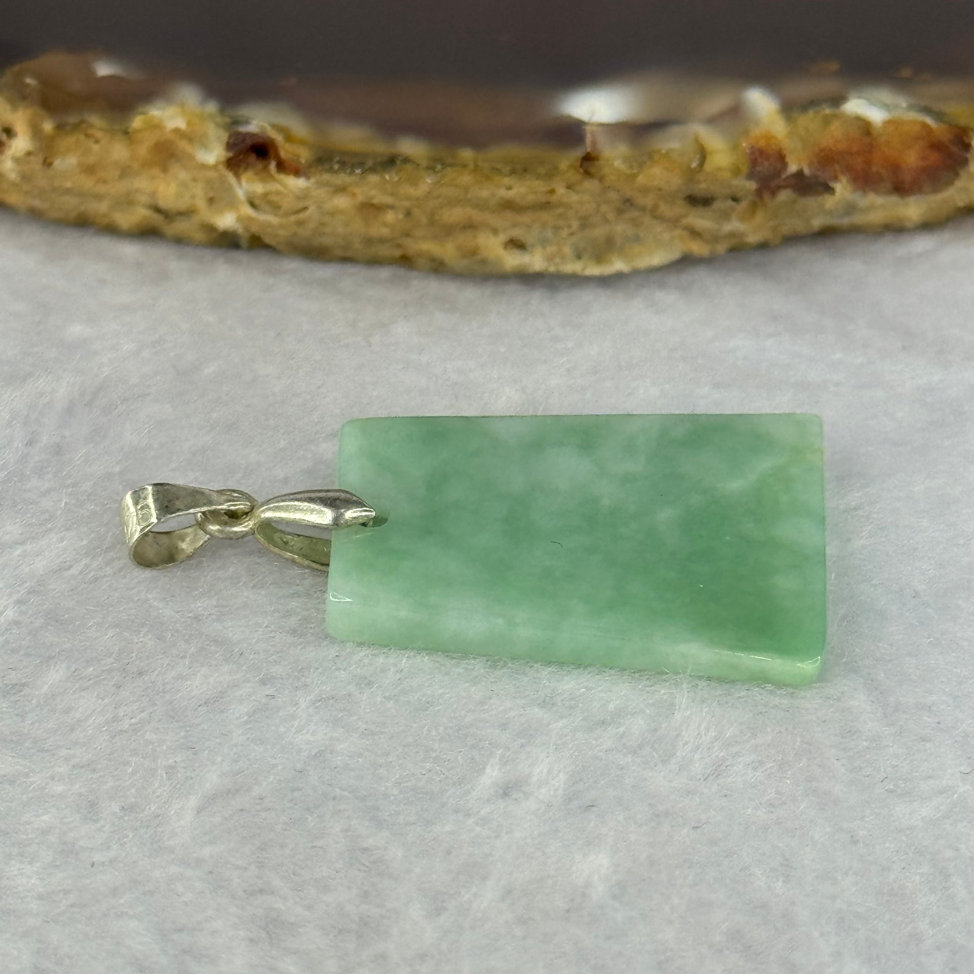 Type A Green Jadeite Wu Shi Pai in S925 Silver Clasp 3.78g 24.7 by 19.4 by 3.2mm - Huangs Jadeite and Jewelry Pte Ltd