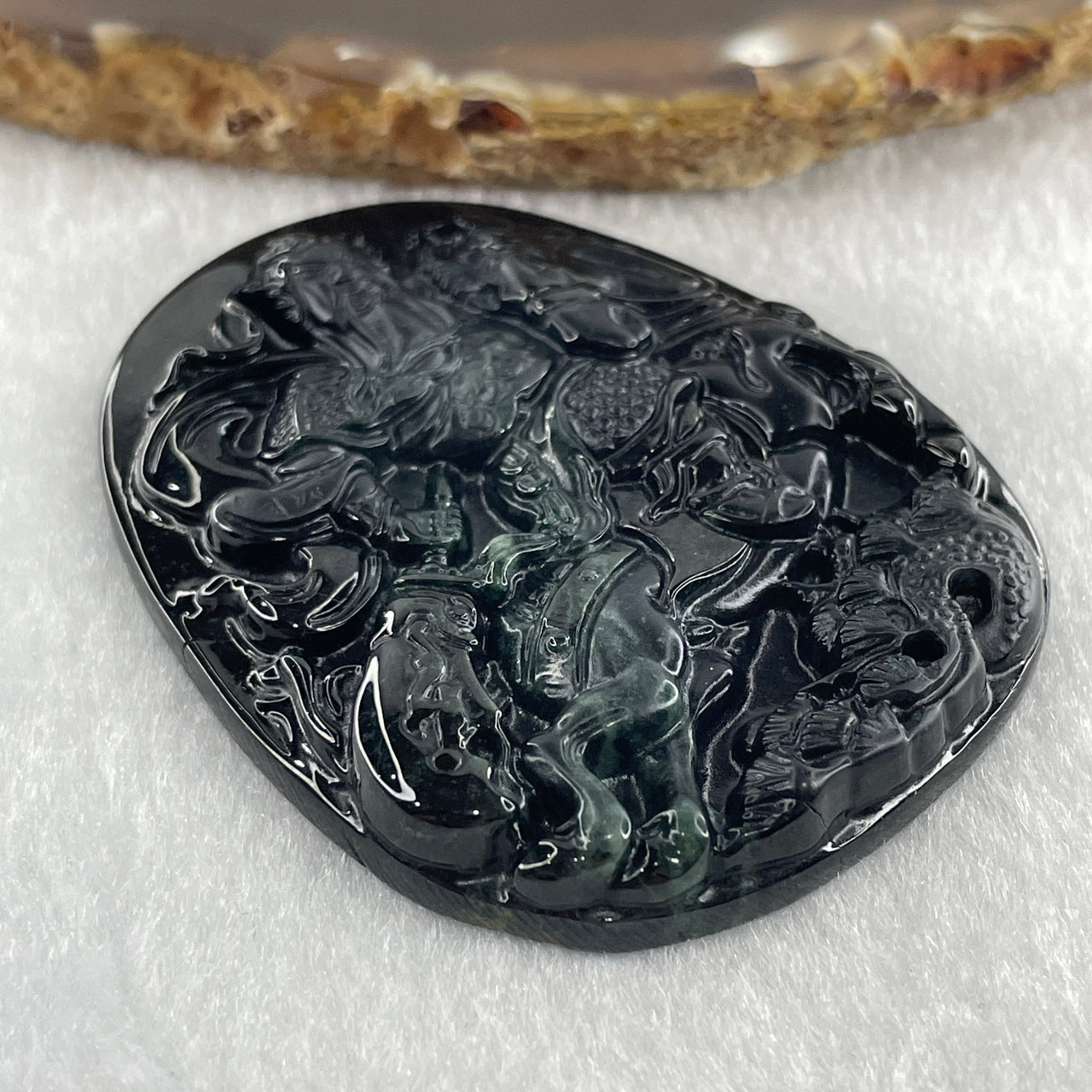 Type A Opaque to Partial Translucent Black Omphacite Jadeite Guan Gong on Champion Stallion Pendant 30.62g 59.5 by 47.3 by 7.5mm - Huangs Jadeite and Jewelry Pte Ltd