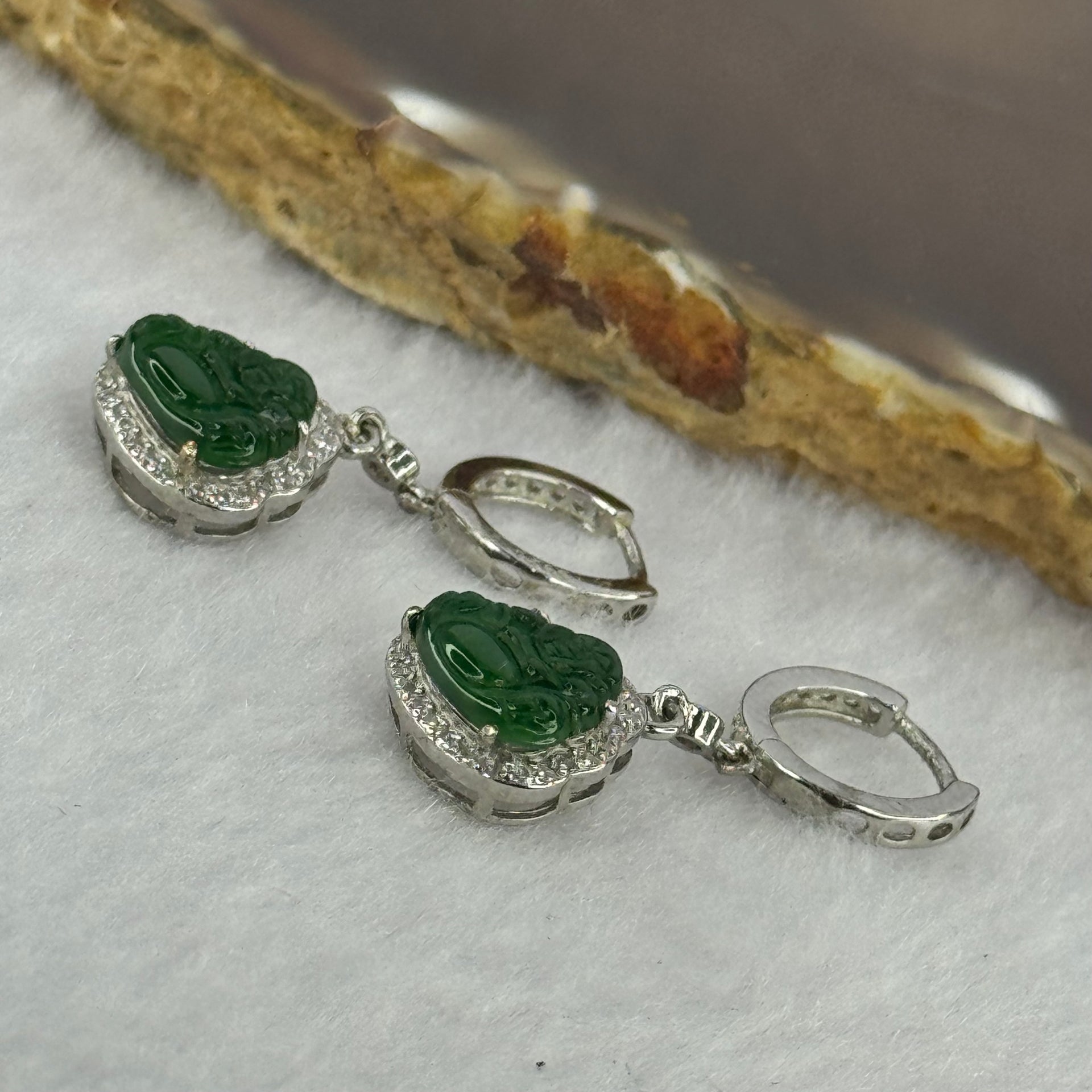 Type A Icy Green Omphasite Jadeite Milo S925 Sliver Earrings 3.64g by 8.7 by 10.6 by 2.5mm  2pcs - Huangs Jadeite and Jewelry Pte Ltd