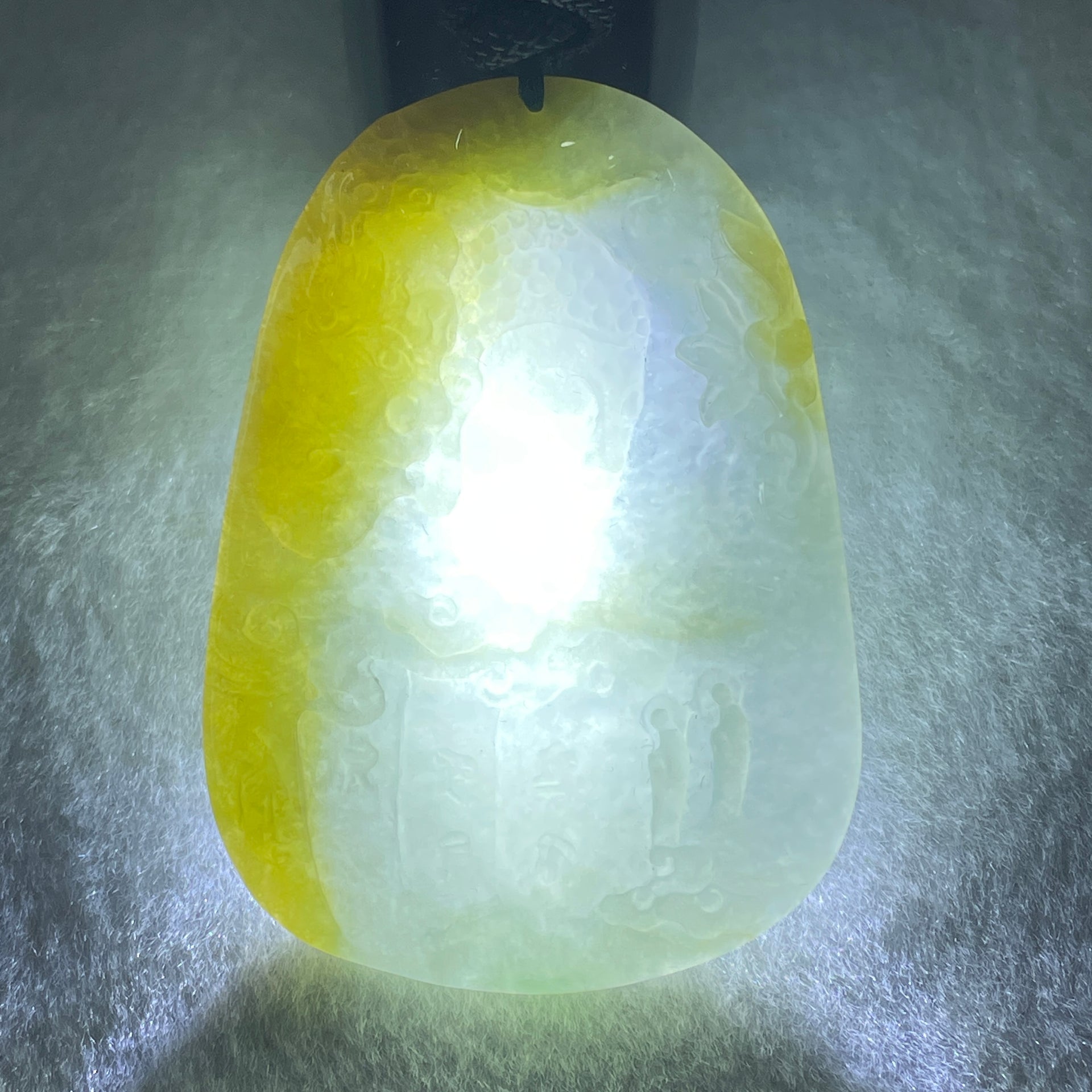 Grand Master Type A Faint Blueish Green with Yellowish Brown Jadeite Good Vs Evil Pendant 22.60g 60.3 by 43.3 by 4.0mm - Huangs Jadeite and Jewelry Pte Ltd