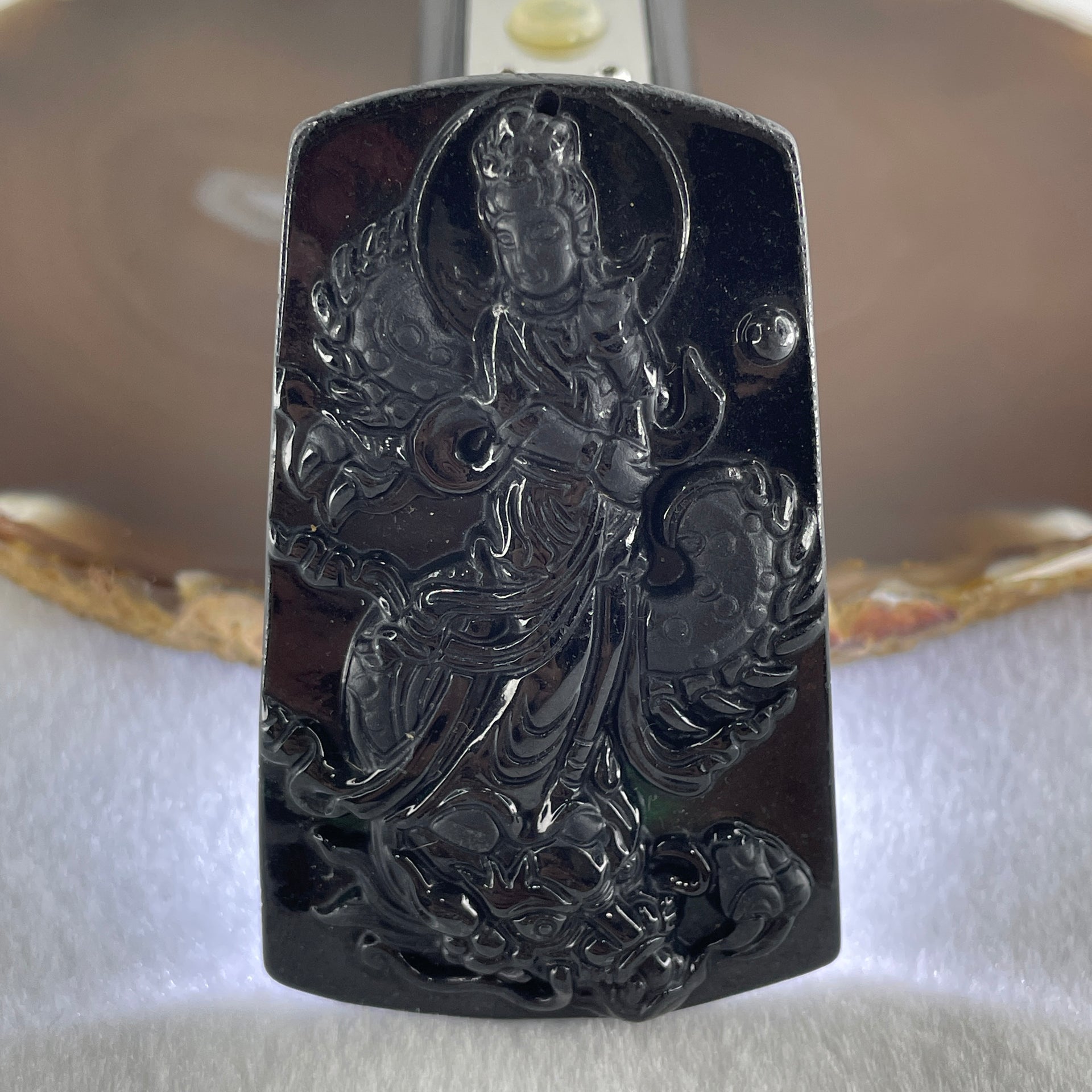 Type A Opaque to Partial Translucent Black Omphacite Jadeite Guan Yin on Dragon Pendant 29.57g 65.5 by 41.0 by 8.5mm - Huangs Jadeite and Jewelry Pte Ltd