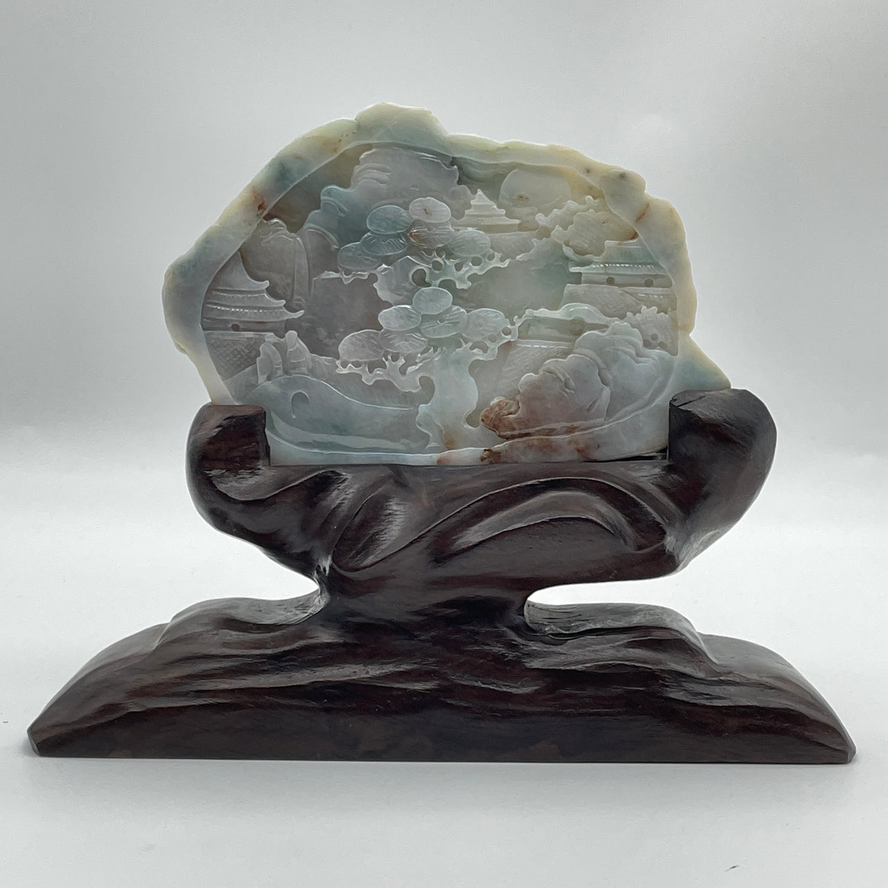 Type A Blueish Green with Red Patches and Yellow Skin Jadeite Shan Shui with Double Guiren Benefactor Display 385.0g with Wooden Stand Total 899.8g 200.0 by 60.0 by 160.0nn