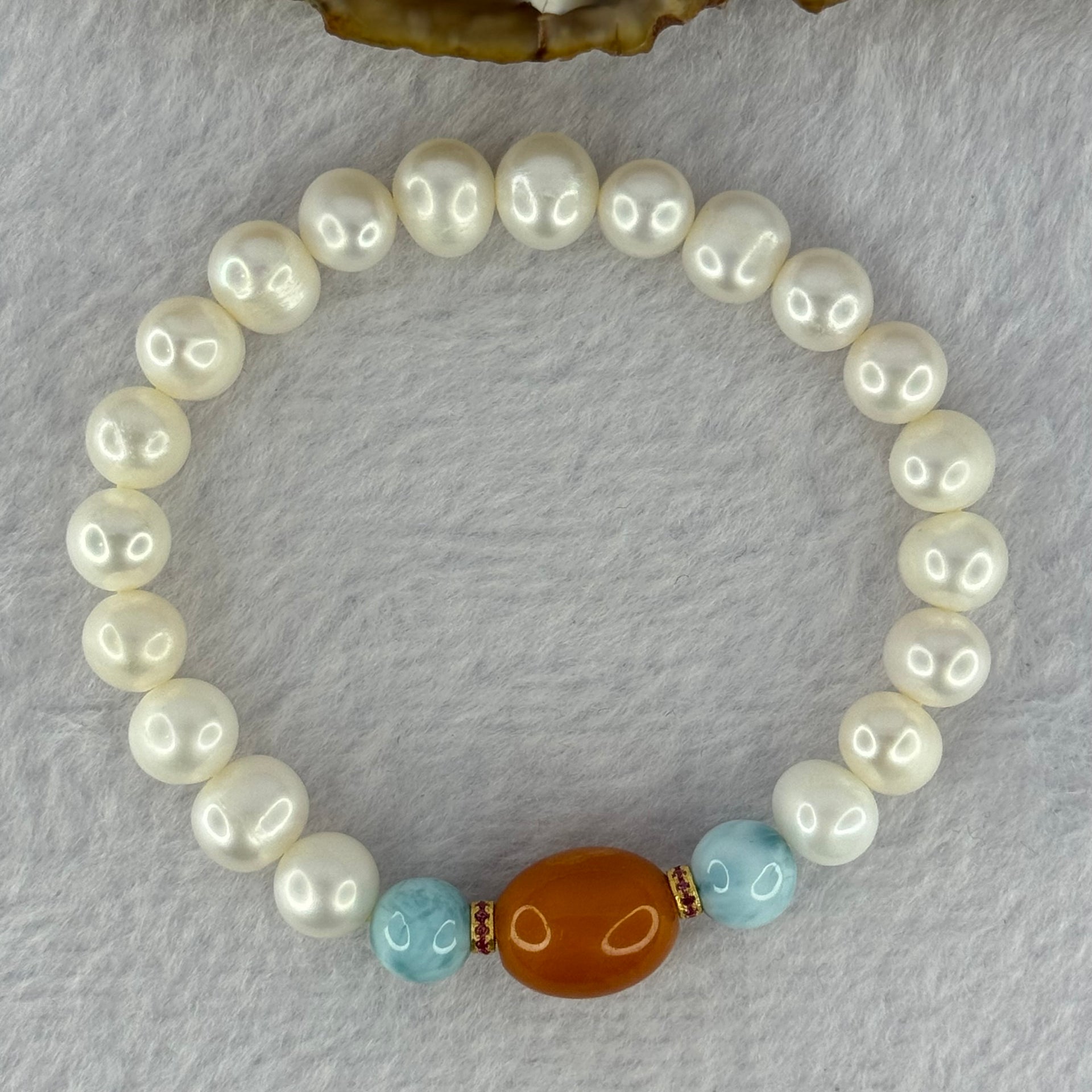 Natural Pearl with Larimar Bracelet 20.19g 8.8mm 20 Beads - Huangs Jadeite and Jewelry Pte Ltd