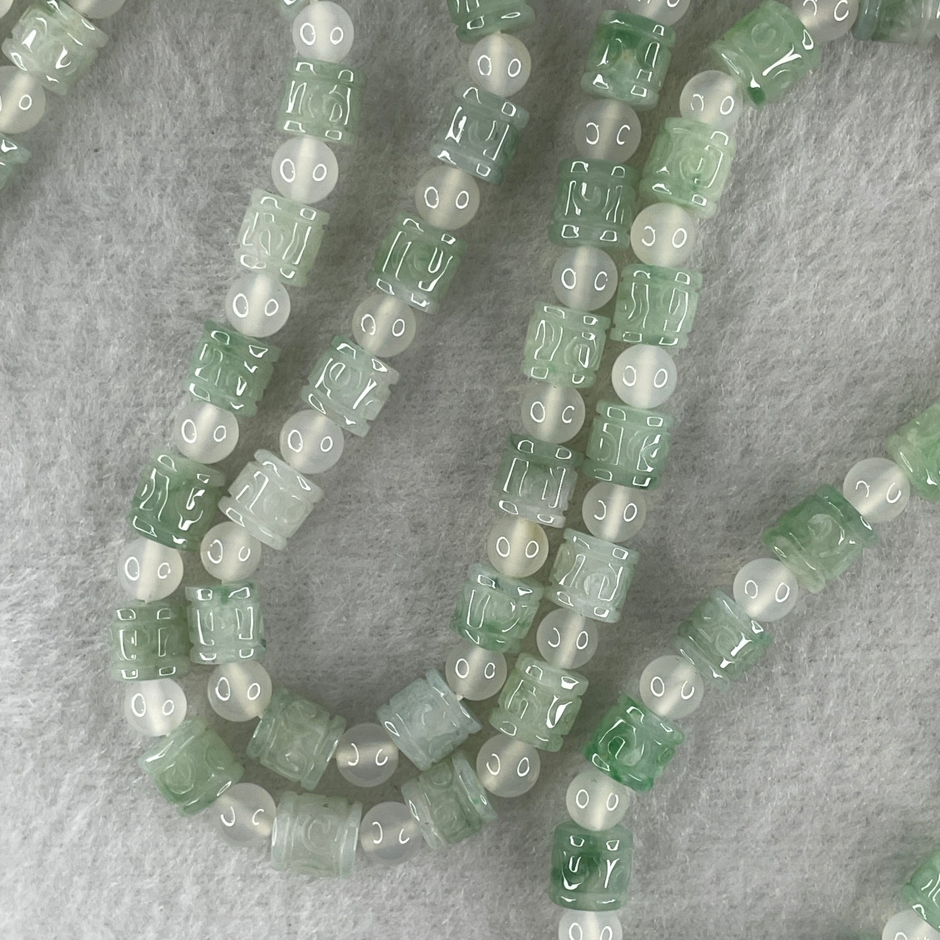 Certified Natural Type A Light Green Jadeite Lulutong Beads with Natural White Agate Beads Necklace 55.36g 74cm 6.6mm 62 Lulutong - Huangs Jadeite and Jewelry Pte Ltd