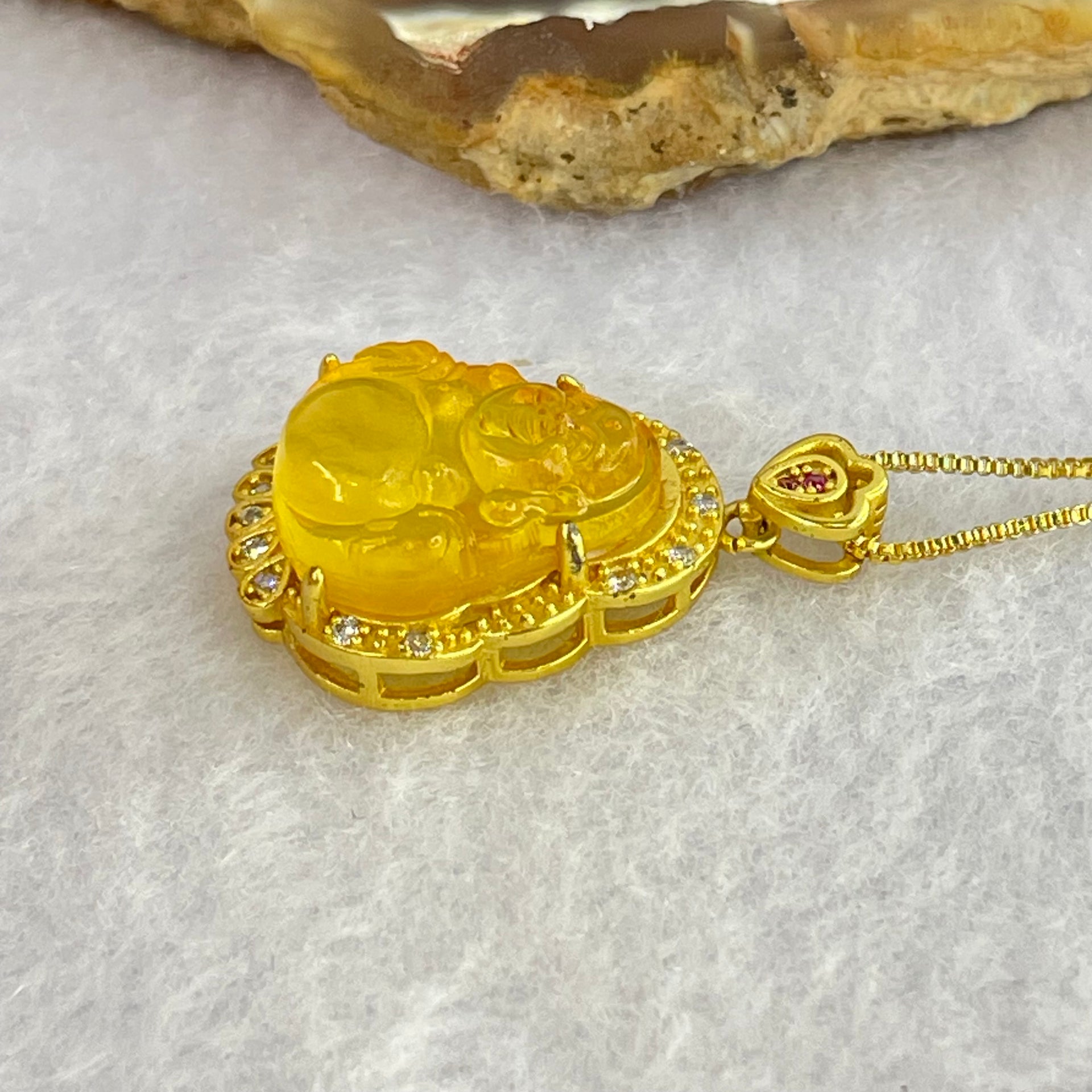 Natural Yellow Amber Milo Buddha Pendent in Gold Color Silver Necklace 4.44g 15.7 by 14.3 by 5.0mm - Huangs Jadeite and Jewelry Pte Ltd