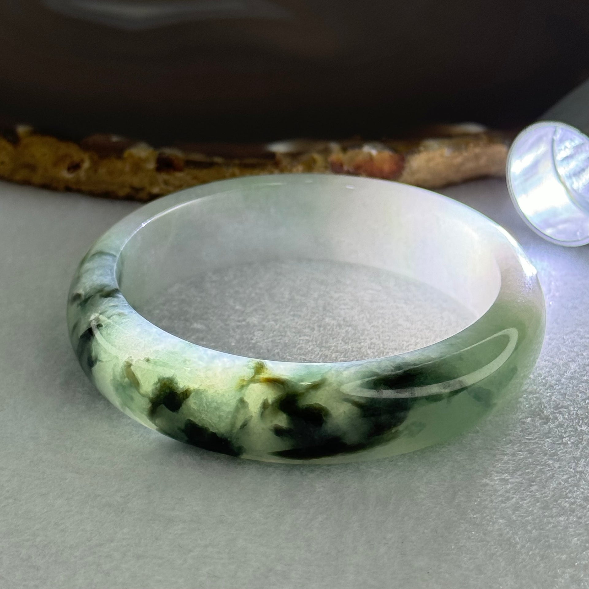 Type A Semi Icy Light Green Lavender with Moss Green Piao Hua Jadeite Bangle Internal Diameter 52.5mm 49.42g 14.0 by 7.2mm (Very Slight Internal Lines) - Huangs Jadeite and Jewelry Pte Ltd