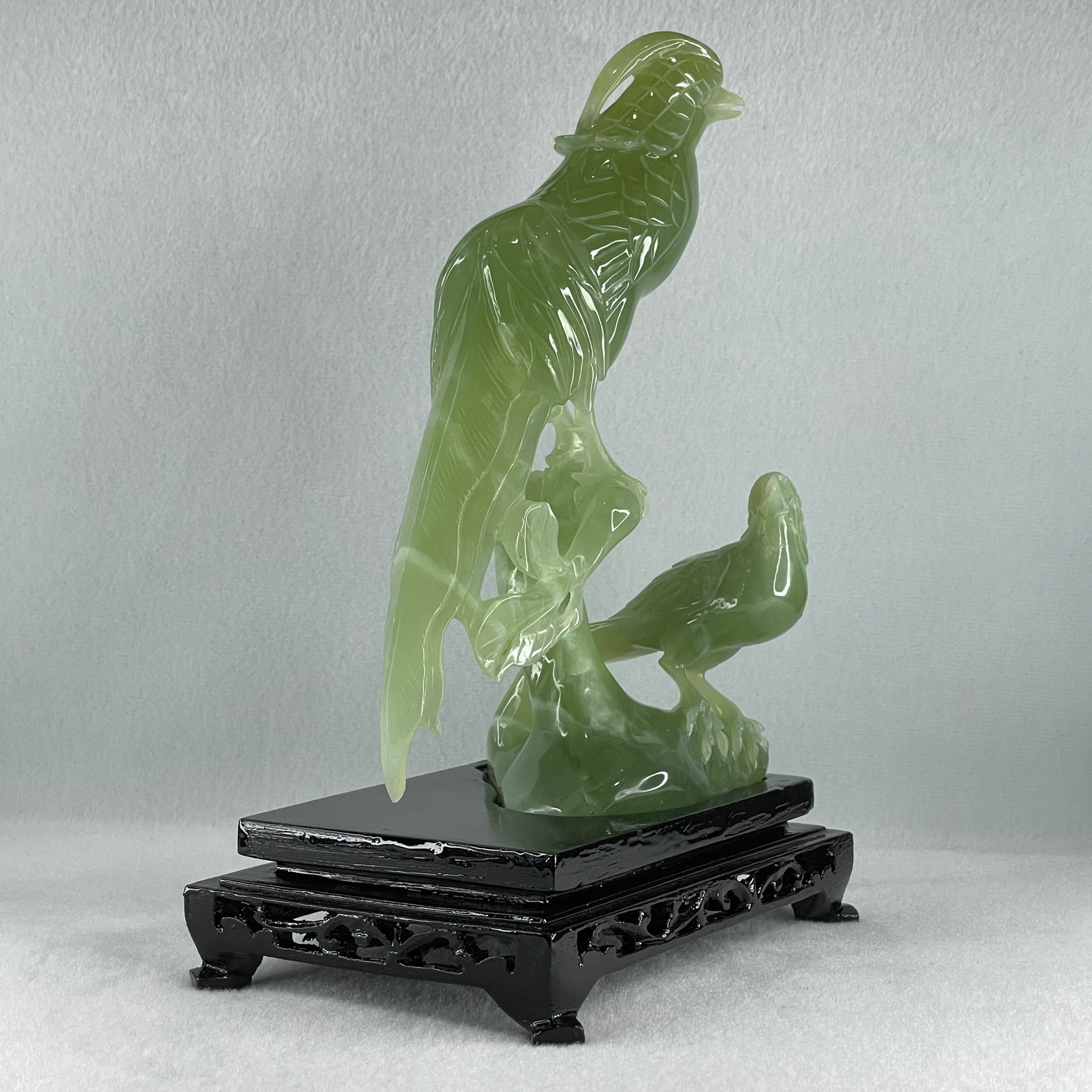 Natural Green Serpentine Phoenix with Bird with Wooden Stand Display 678.9g L155.0 by B105.0 by H226.0 mm - Huangs Jadeite and Jewelry Pte Ltd