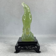 Natural Green Serpentine Javan Mynah Birds on Tree with Wooden Stand Display 291.4g 99.0 by 153.8 by 78.0mm - Huangs Jadeite and Jewelry Pte Ltd