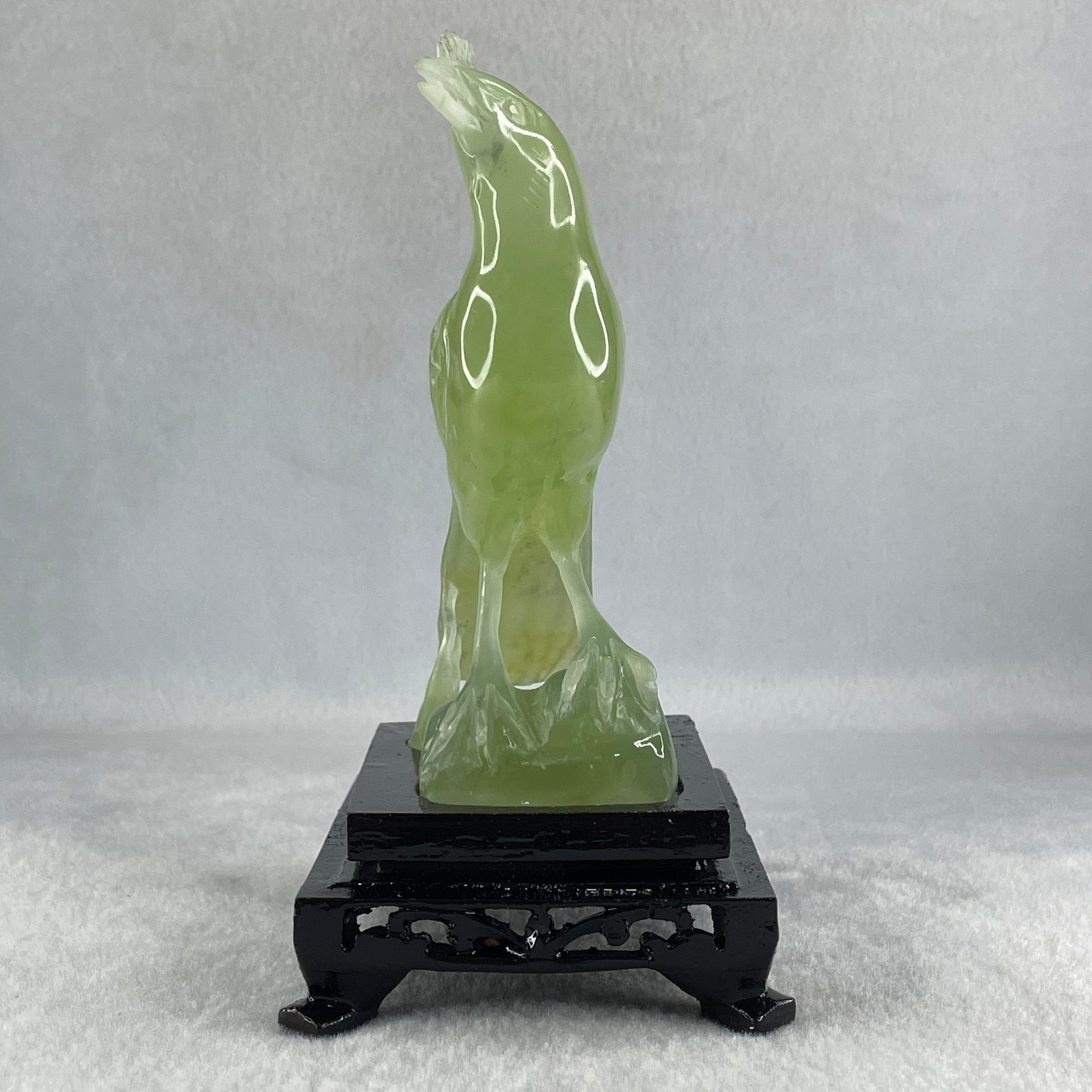 Natural Green Serpentine Javan Mynah Birds on Tree with Wooden Stand Display 291.4g 99.0 by 153.8 by 78.0mm - Huangs Jadeite and Jewelry Pte Ltd