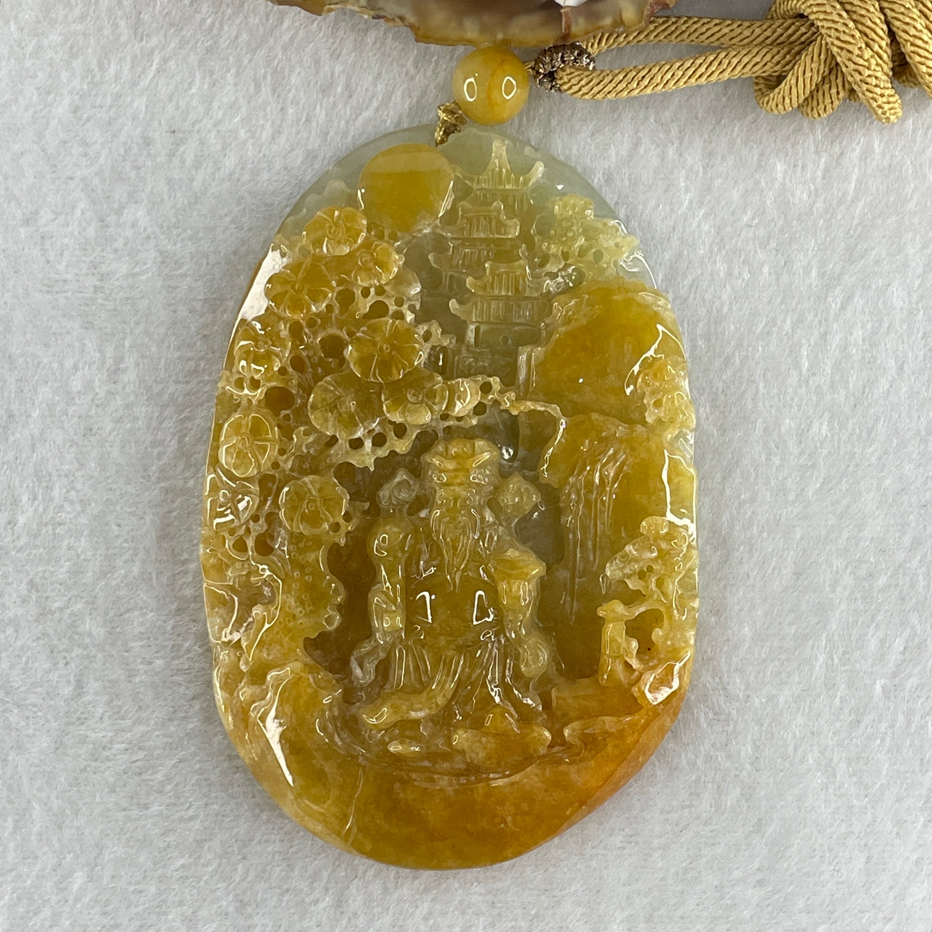 Grand Master Type A Yellowish with Light Green Patches Jadeite Cai Shen Ye God Of Fortune on Shan Shui with Gui Ren Pendant 75.70g 77.0 by 51.1 by 10.0mm - Huangs Jadeite and Jewelry Pte Ltd