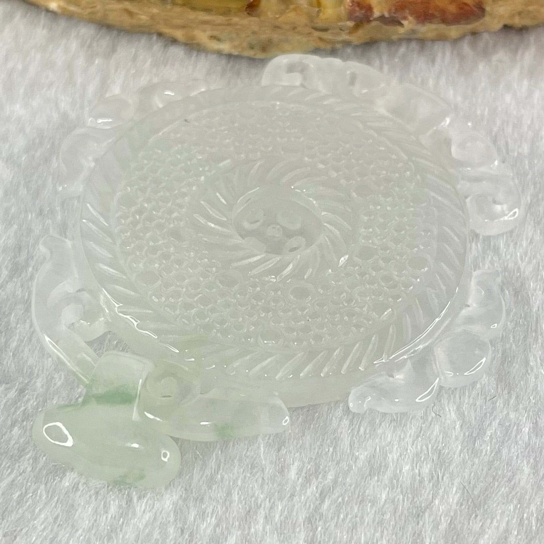 Type A Semi Icy White Jadeite Floral Ping An Kou Donut Pendant 16.76g 45.4 by 43.3 by 5.6mm - Huangs Jadeite and Jewelry Pte Ltd