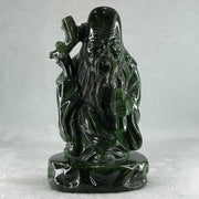 Natural Dark Green Serpentine Shou Xing Gong with Wooden Stand Display 2,374.7g 140.0 by 228.0 by 125.0mm - Huangs Jadeite and Jewelry Pte Ltd