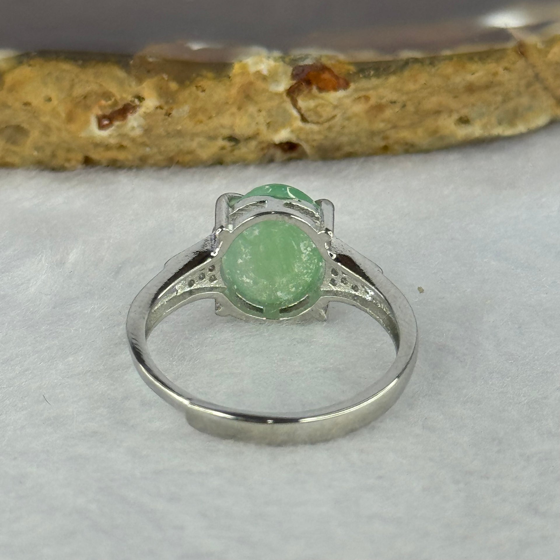 Type A Green Jadeite with Crystals in S925 Sliver Ring (Adjustable Size) 2.61g 11.2 by 9.3 by 4.5mm - Huangs Jadeite and Jewelry Pte Ltd