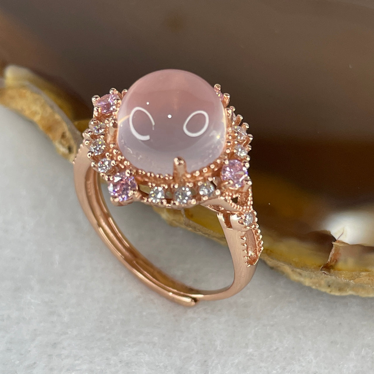 Good Grade Natural Rose Quartz Cat Eye Ring in S925 Sliver Gold Color 4.63g 11.2 by 6.0mm (Adjustable Size) - Huangs Jadeite and Jewelry Pte Ltd