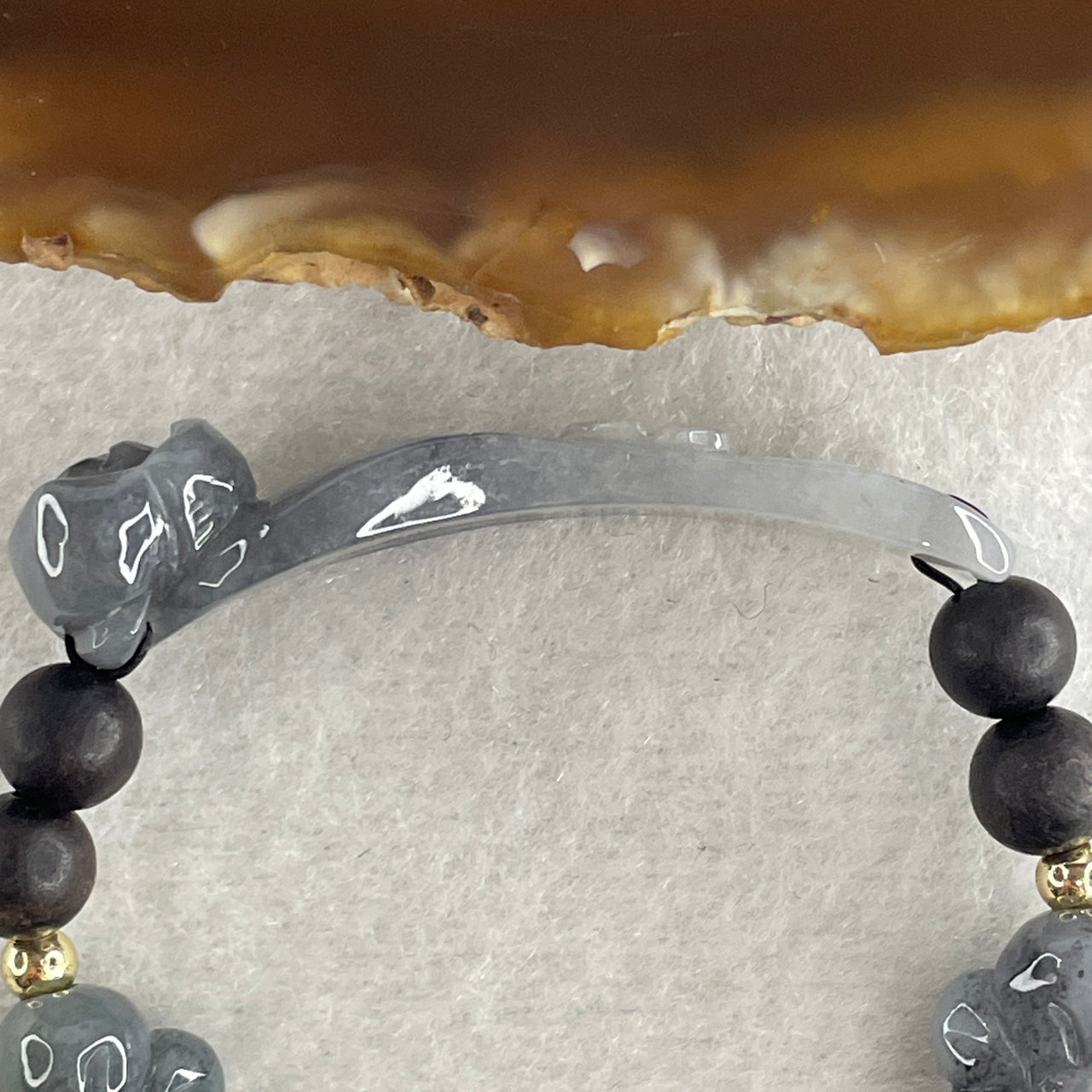 Certified Natural Type A Wuji Grey Jadeite Ruyi with Butterfly Charm Bracelet 17.20g 16cm 43.6 by 10.1 by 8.7m- Butterfly 15.9 by 10.8 by 7.6mm