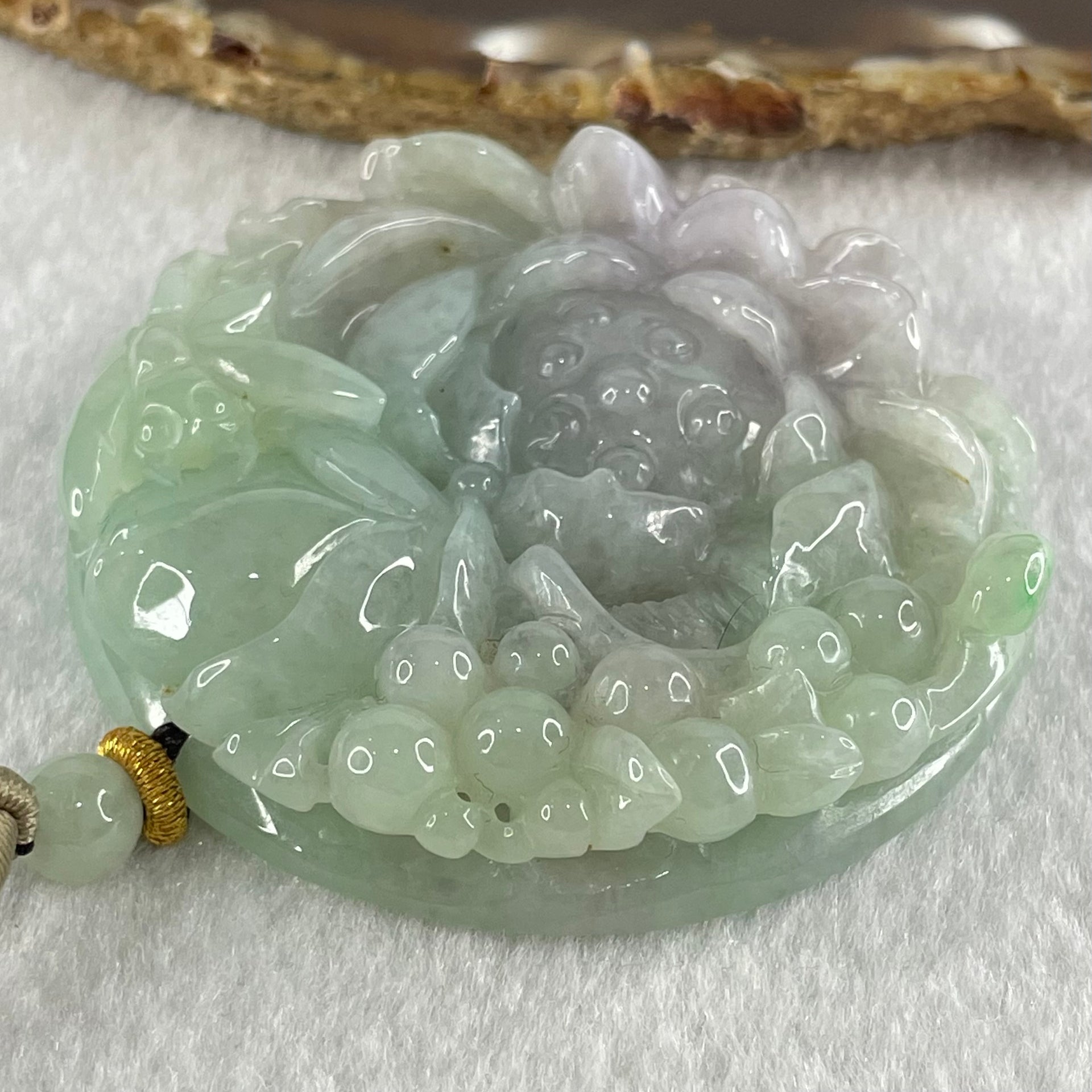 Grandmaster Type A Blueish Green and Lavender Jadeite Insect And Flower Pendant 和和美美 79.16g 58.1 by 58.1 by 13.5mm - Huangs Jadeite and Jewelry Pte Ltd