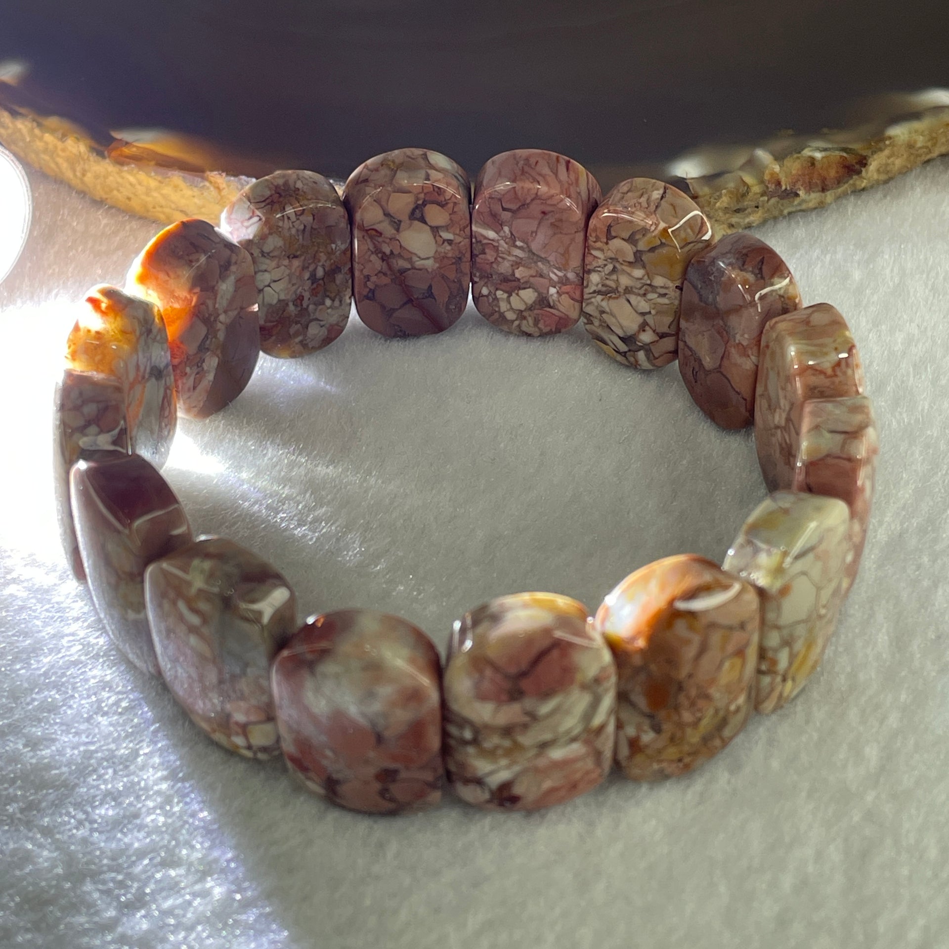 Certified Natural Alashan Agate Pink Shou Pai Bracelet 53.325g 17.5cm 20.3mm 16pcs - Huangs Jadeite and Jewelry Pte Ltd