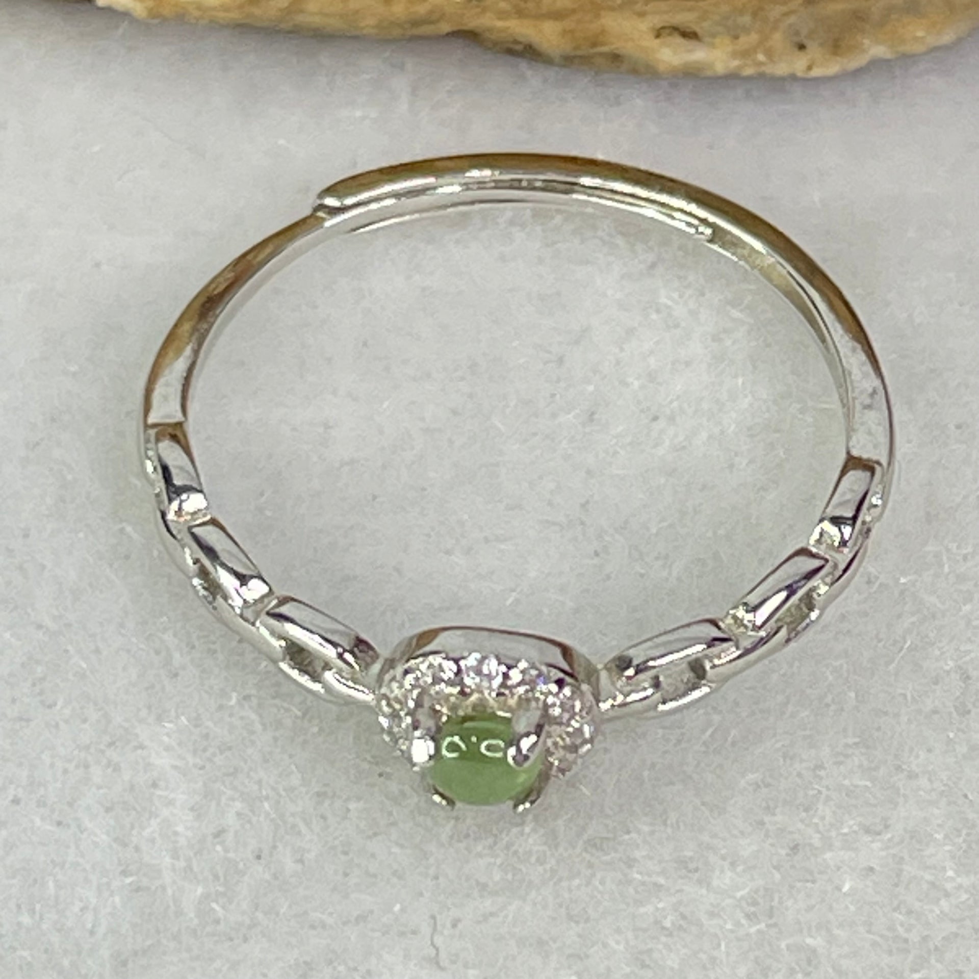 Type A Semi Icy Green Cabochon Jadeite in S925 Sliver Ring (Adjustable Size) 0.90g 3.0 by 1.5mm - Huangs Jadeite and Jewelry Pte Ltd